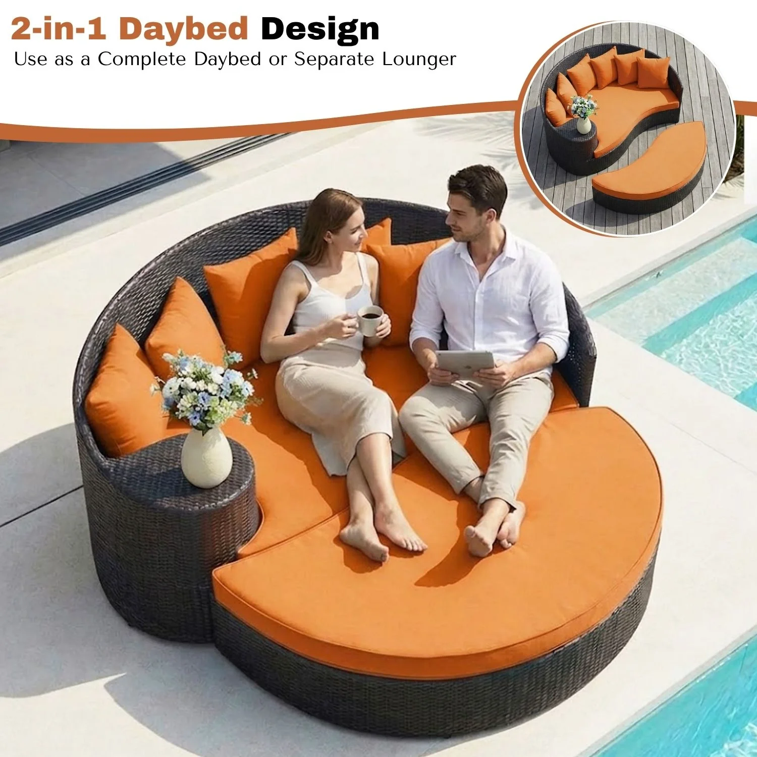 Outdoor Rattan Wicker Daybed (Dark Brown & Orange) - Image 6