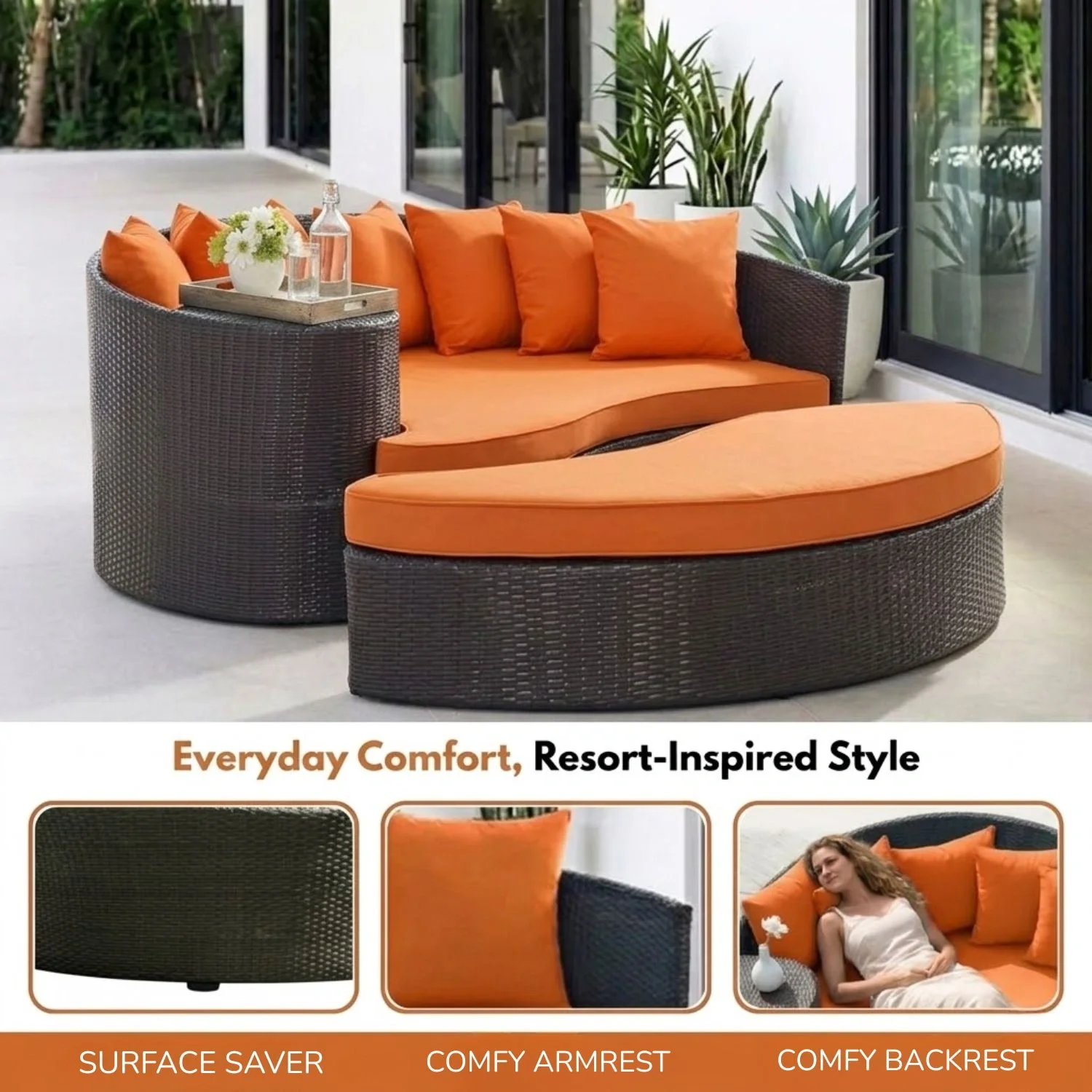 Outdoor Rattan Wicker Daybed (Dark Brown & Orange) - Image 7