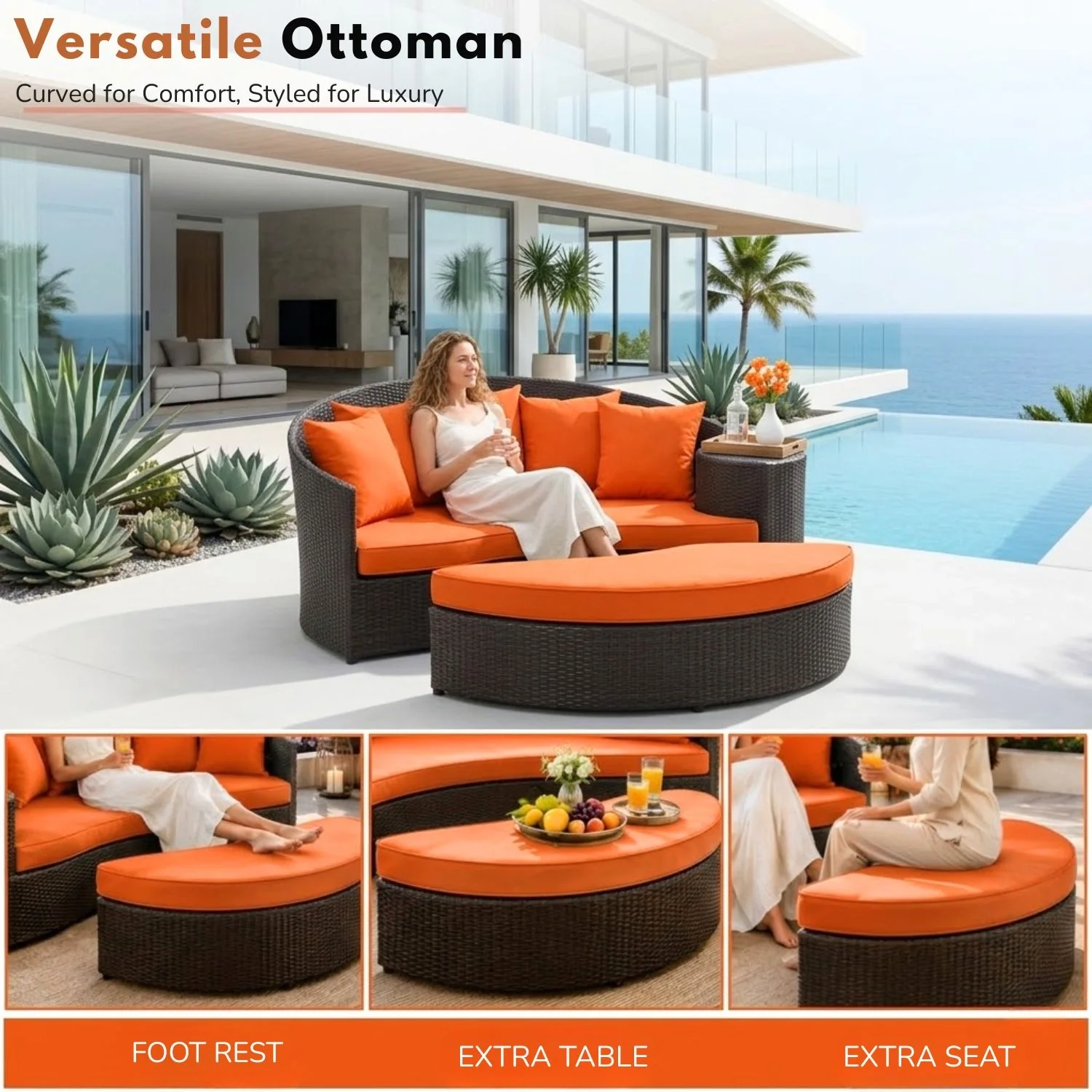 Outdoor Rattan Wicker Daybed (Dark Brown & Orange) - Image 8