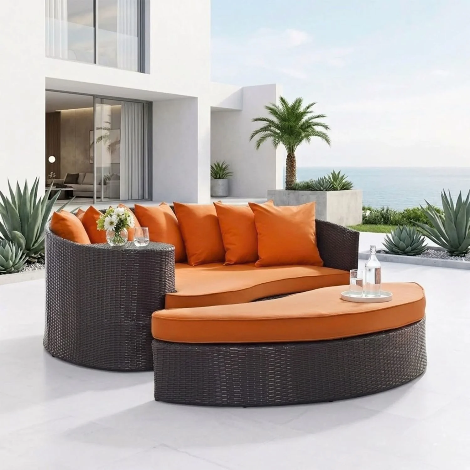 Outdoor Rattan Wicker Daybed (Dark Brown & Orange) - Image 9