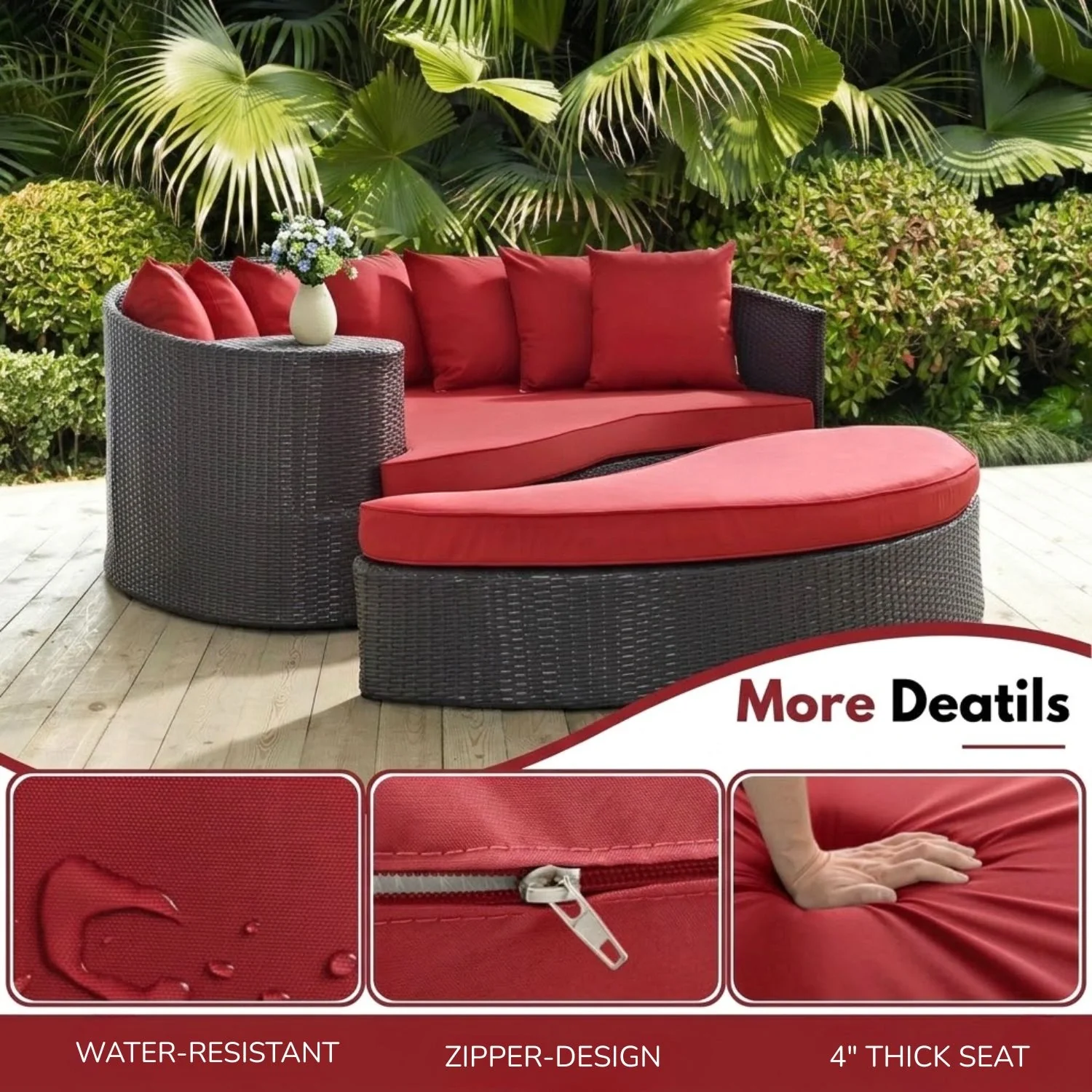 Outdoor Rattan Wicker Daybed (Dark Brown & Red) - Image 3