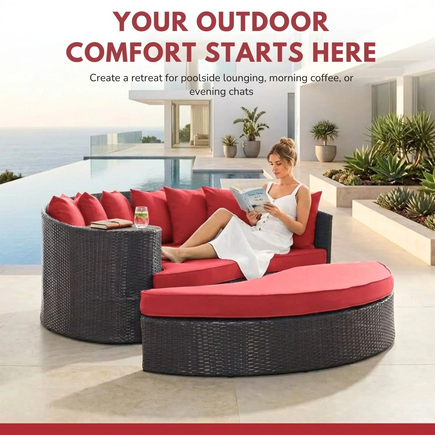 Outdoor Rattan Wicker Daybed (Dark Brown & Red) - Image 4