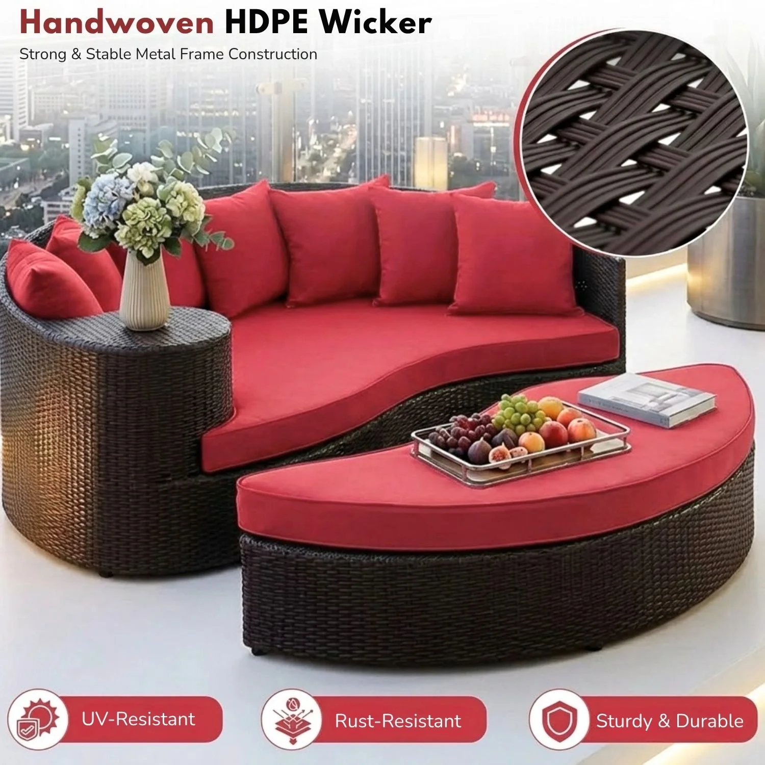 Outdoor Rattan Wicker Daybed (Dark Brown & Red) - Image 5