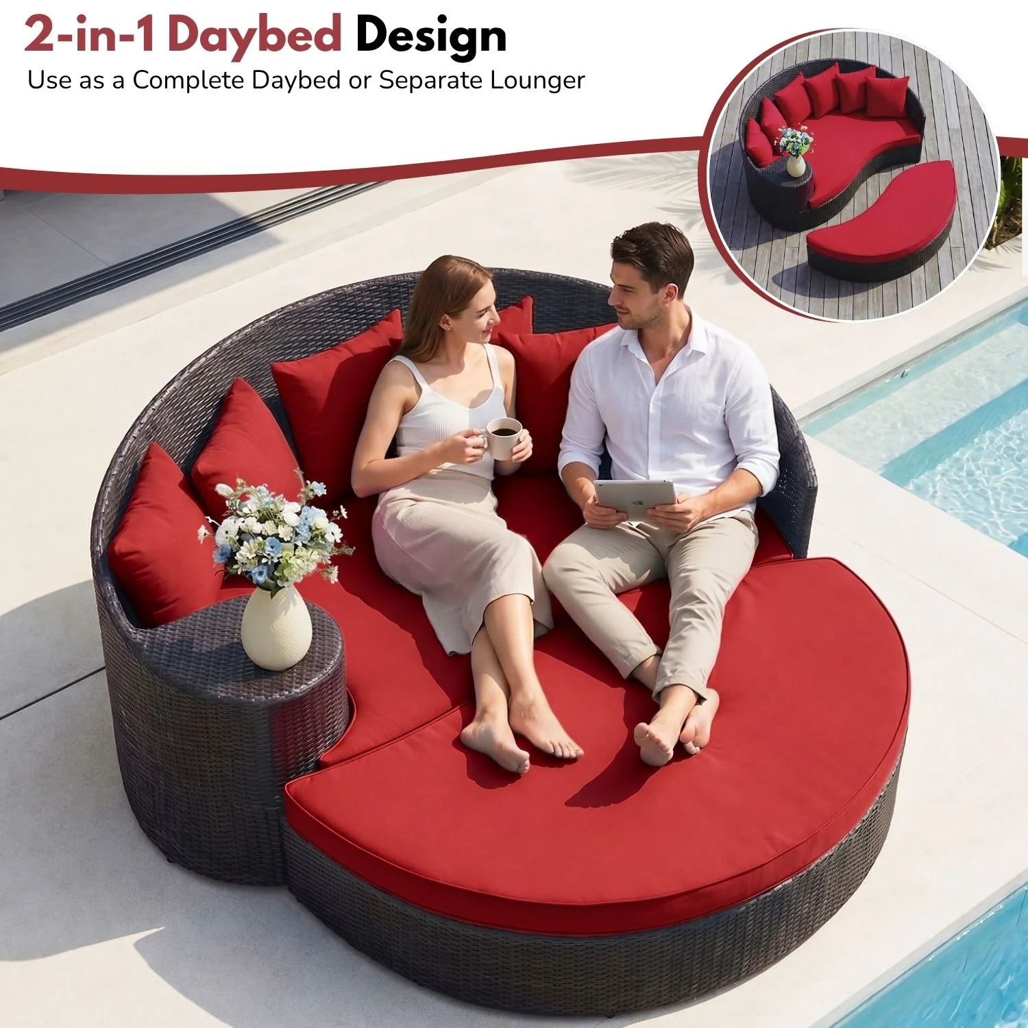 Outdoor Rattan Wicker Daybed (Dark Brown & Red) - Image 6