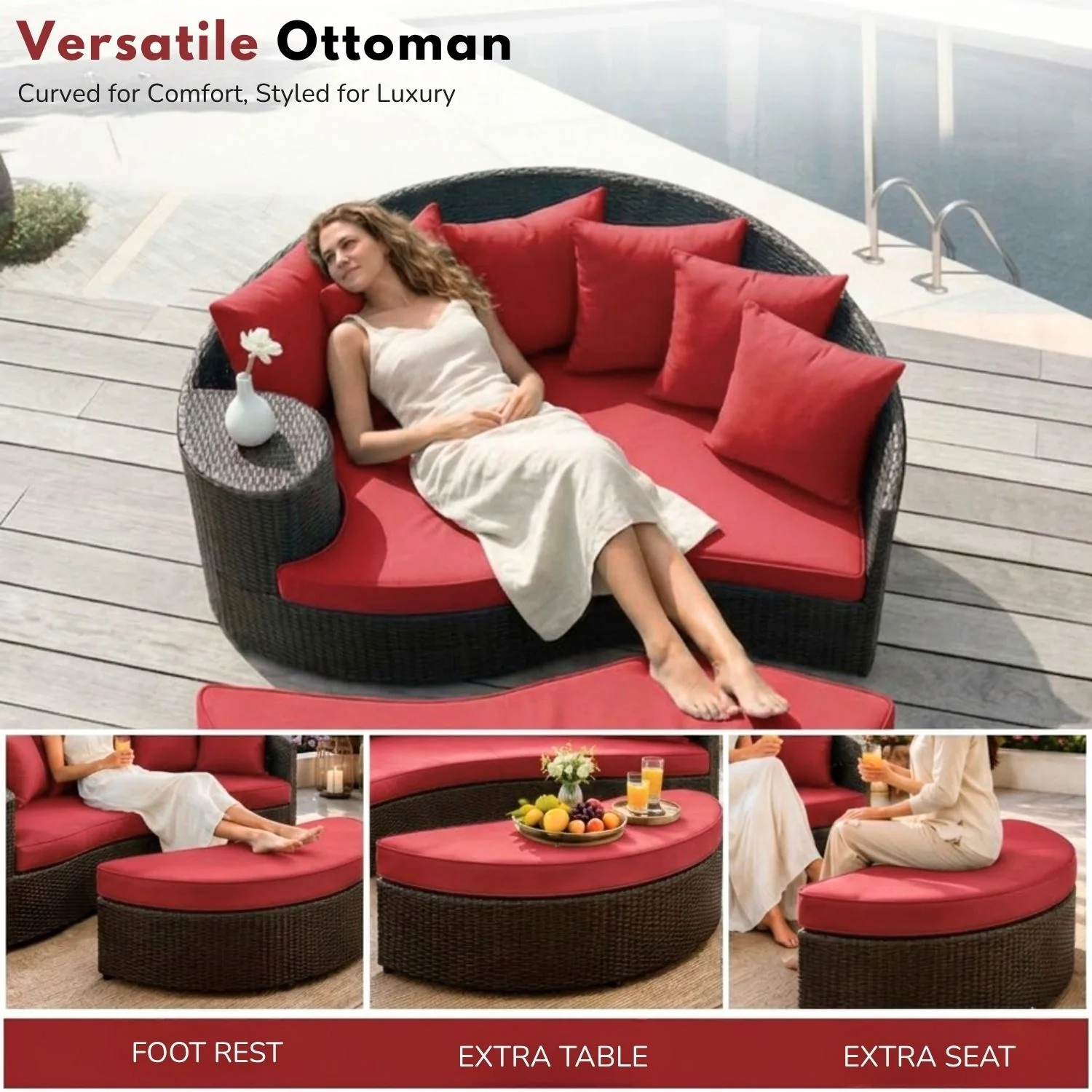 Outdoor Rattan Wicker Daybed (Dark Brown & Red) - Image 7