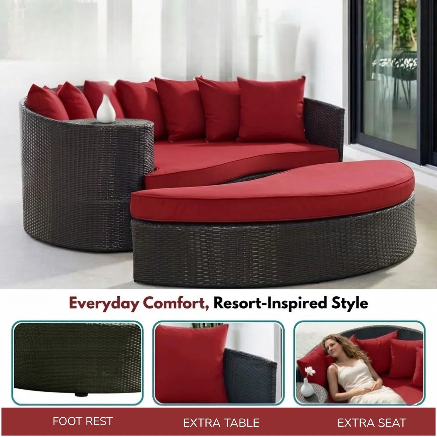 Outdoor Rattan Wicker Daybed (Dark Brown & Red) - Image 8