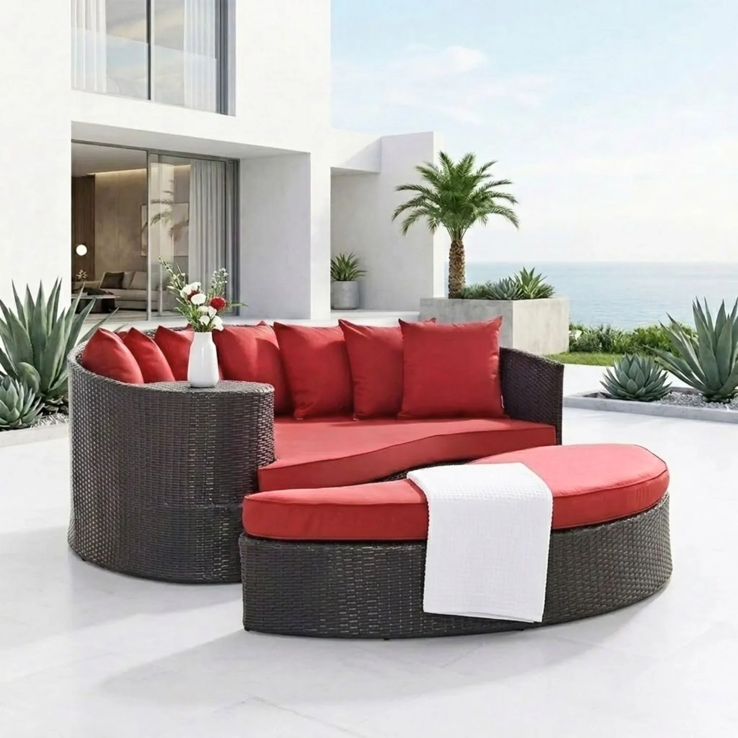 Outdoor Rattan Wicker Daybed (Dark Brown & Red) - Image 9