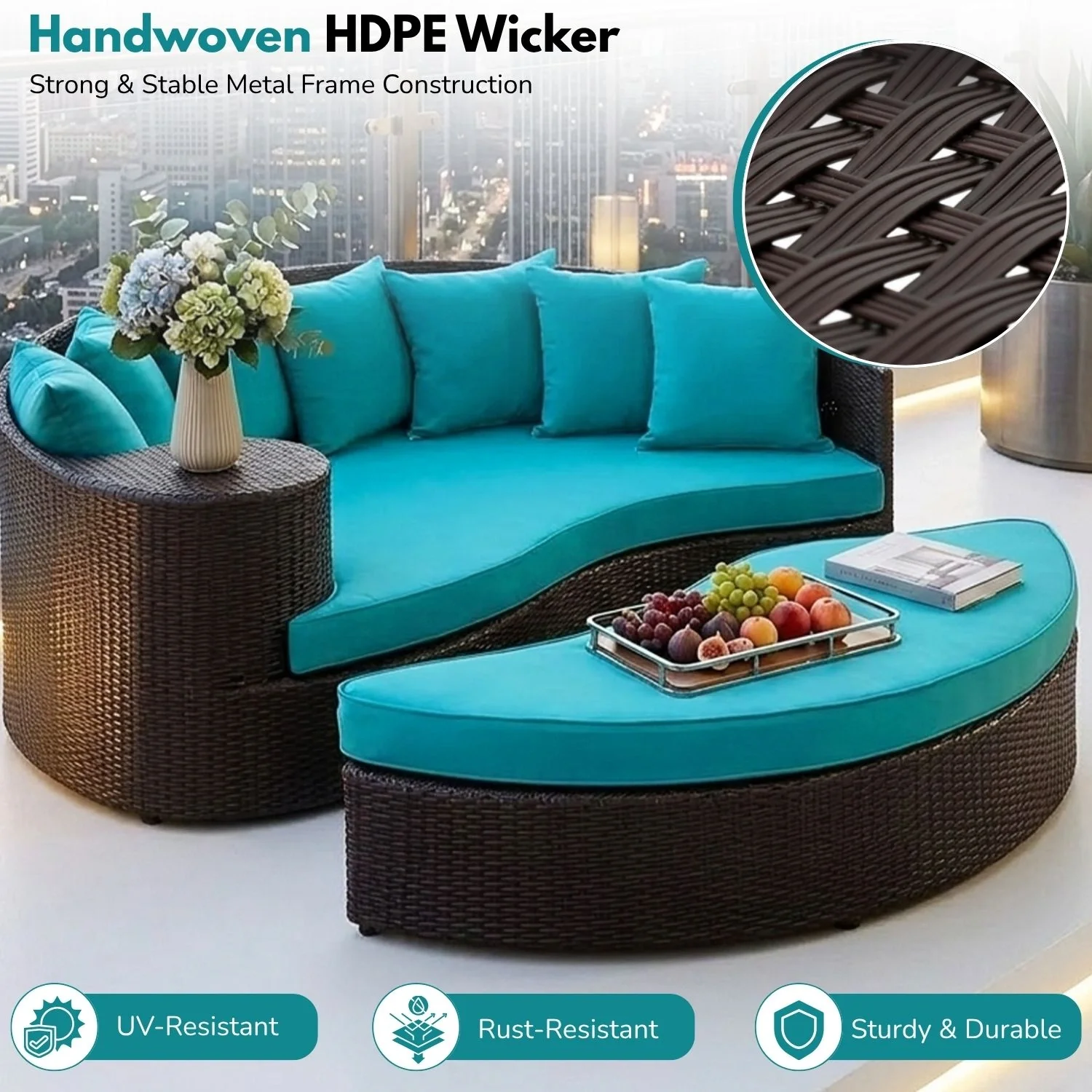Outdoor Rattan Wicker Daybed (Dark Brown & Turquoise Blue) - Image 5