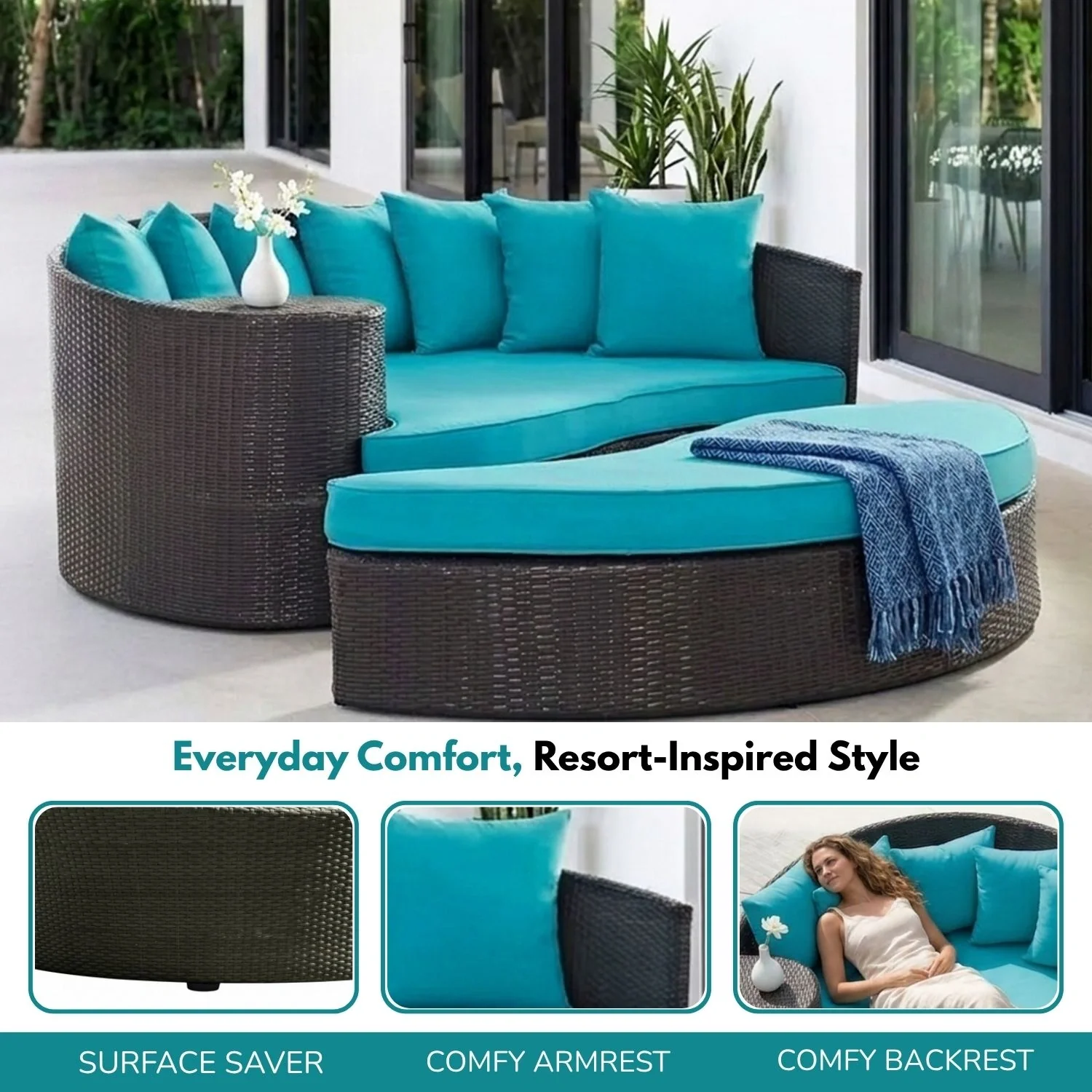 Outdoor Rattan Wicker Daybed (Dark Brown & Turquoise Blue) - Image 7