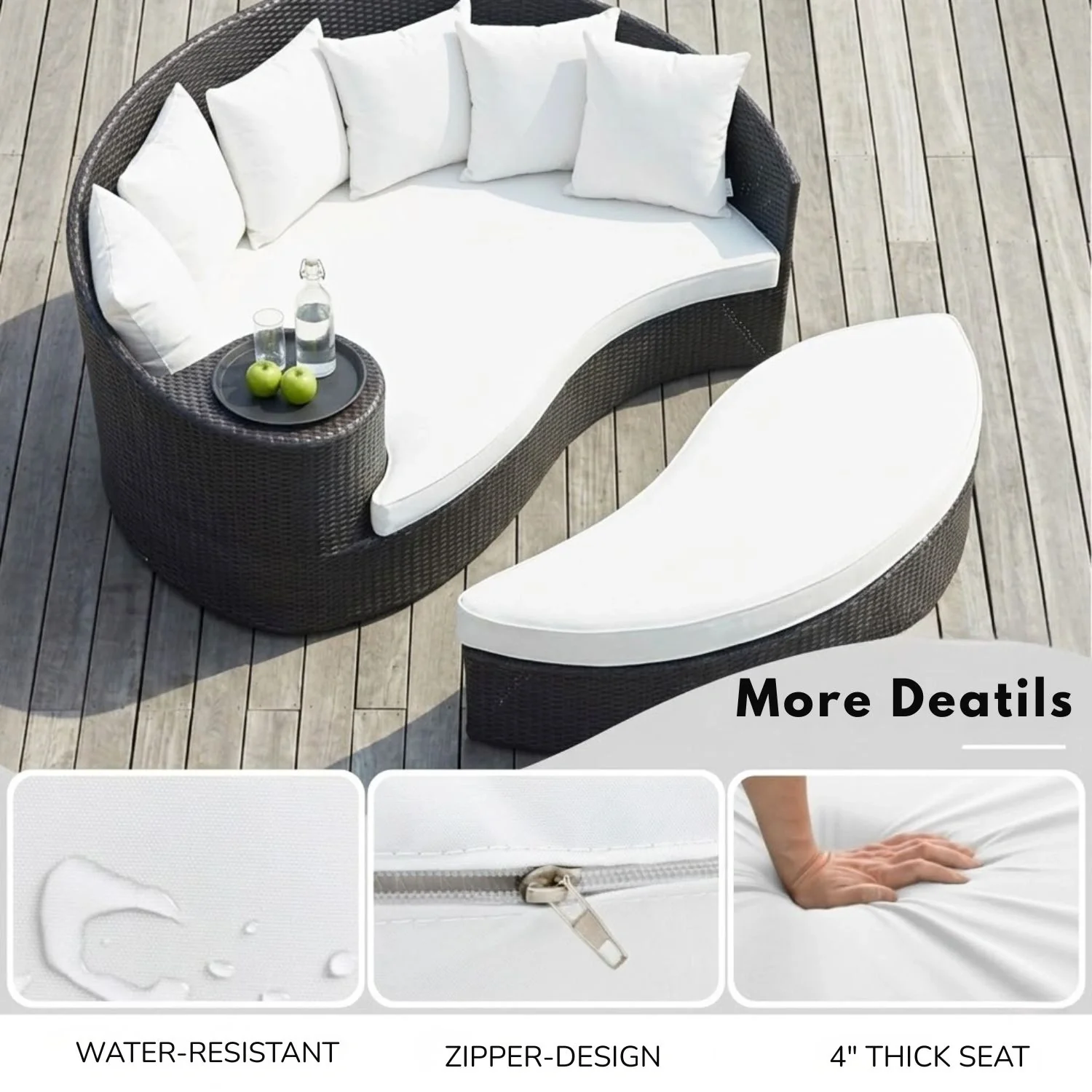 Outdoor Rattan Wicker Daybed (Dark Brown & White) - Image 3