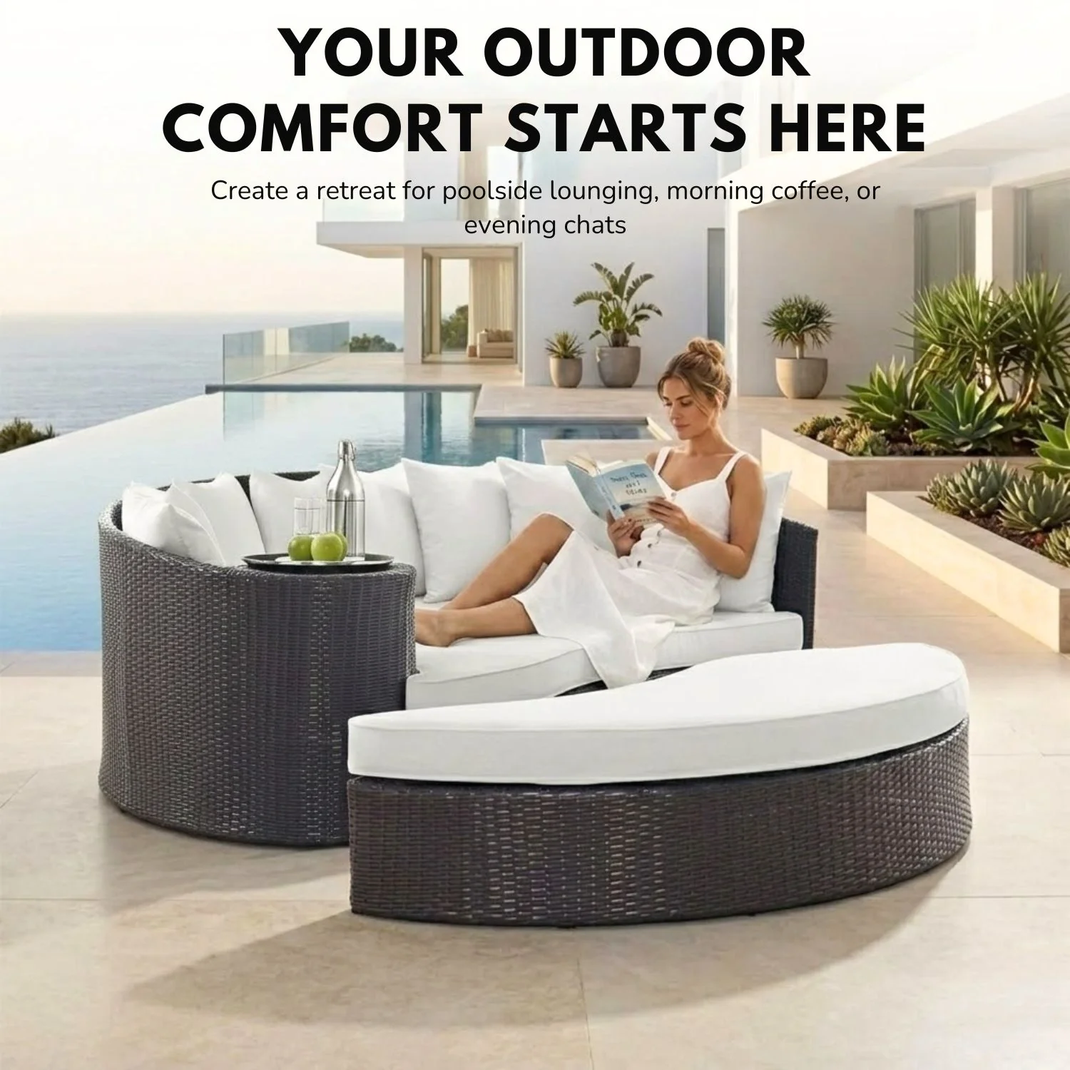 Outdoor Rattan Wicker Daybed (Dark Brown & White) - Image 4