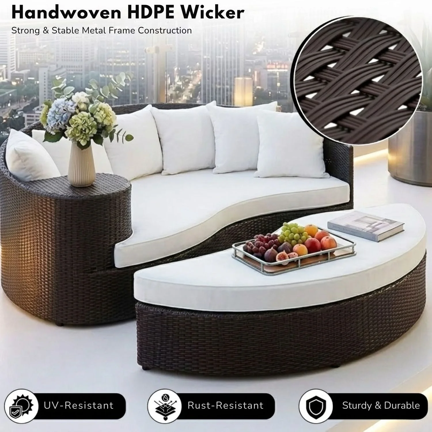 Outdoor Rattan Wicker Daybed (Dark Brown & White) - Image 5