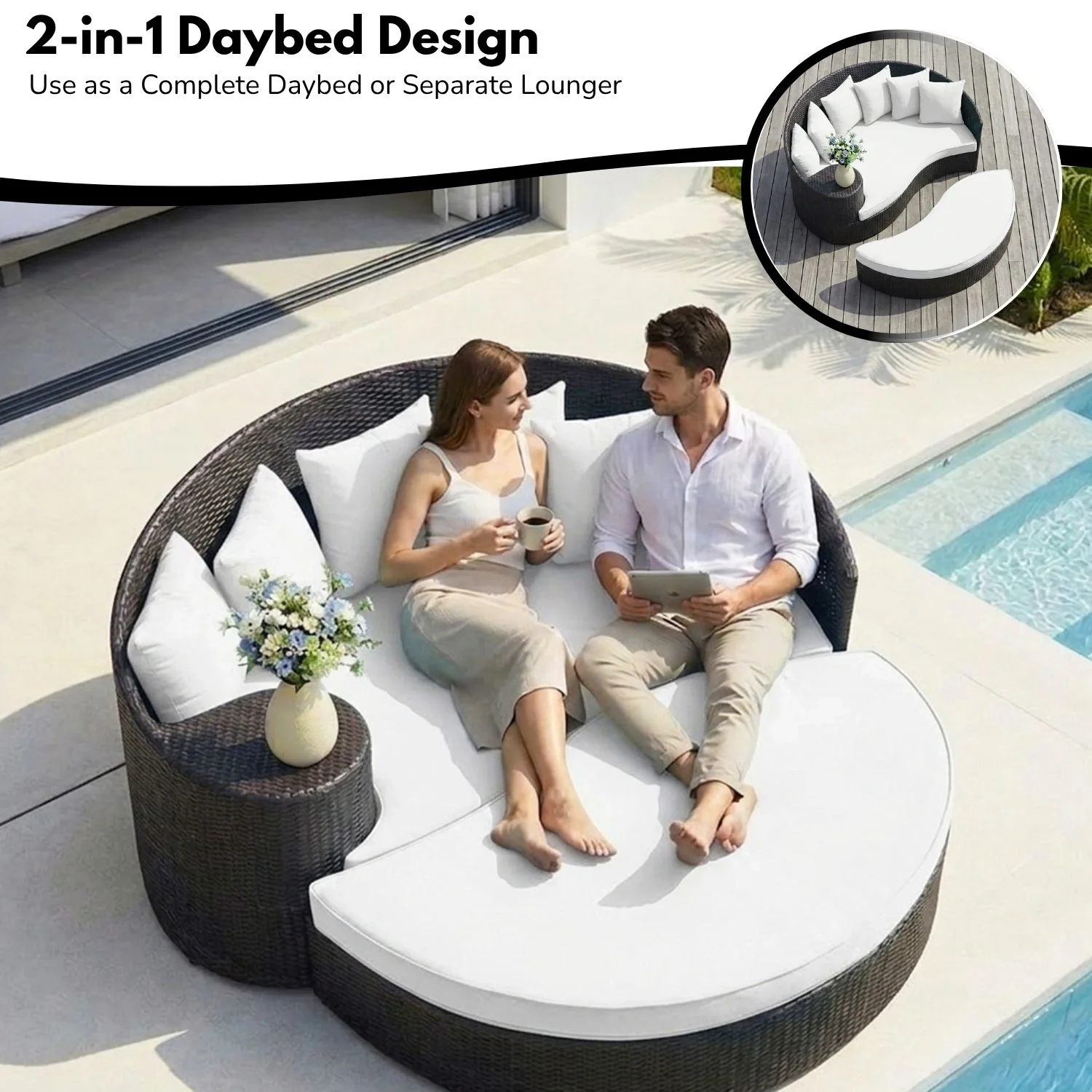 Outdoor Rattan Wicker Daybed (Dark Brown & White) - Image 6