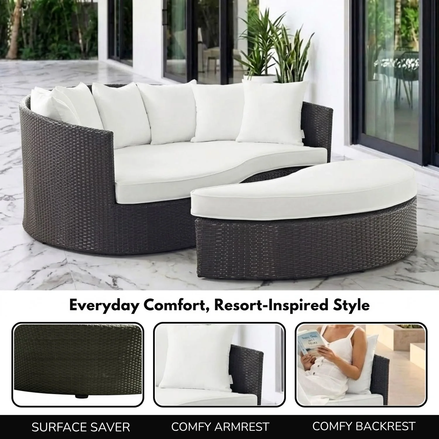Outdoor Rattan Wicker Daybed (Dark Brown & White) - Image 7