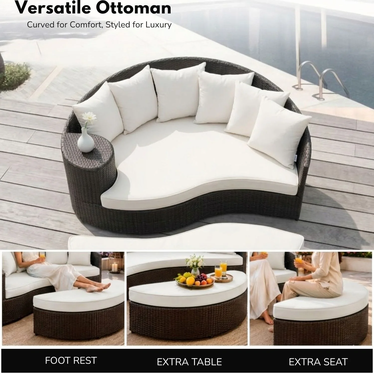 Outdoor Rattan Wicker Daybed (Dark Brown & White) - Image 8