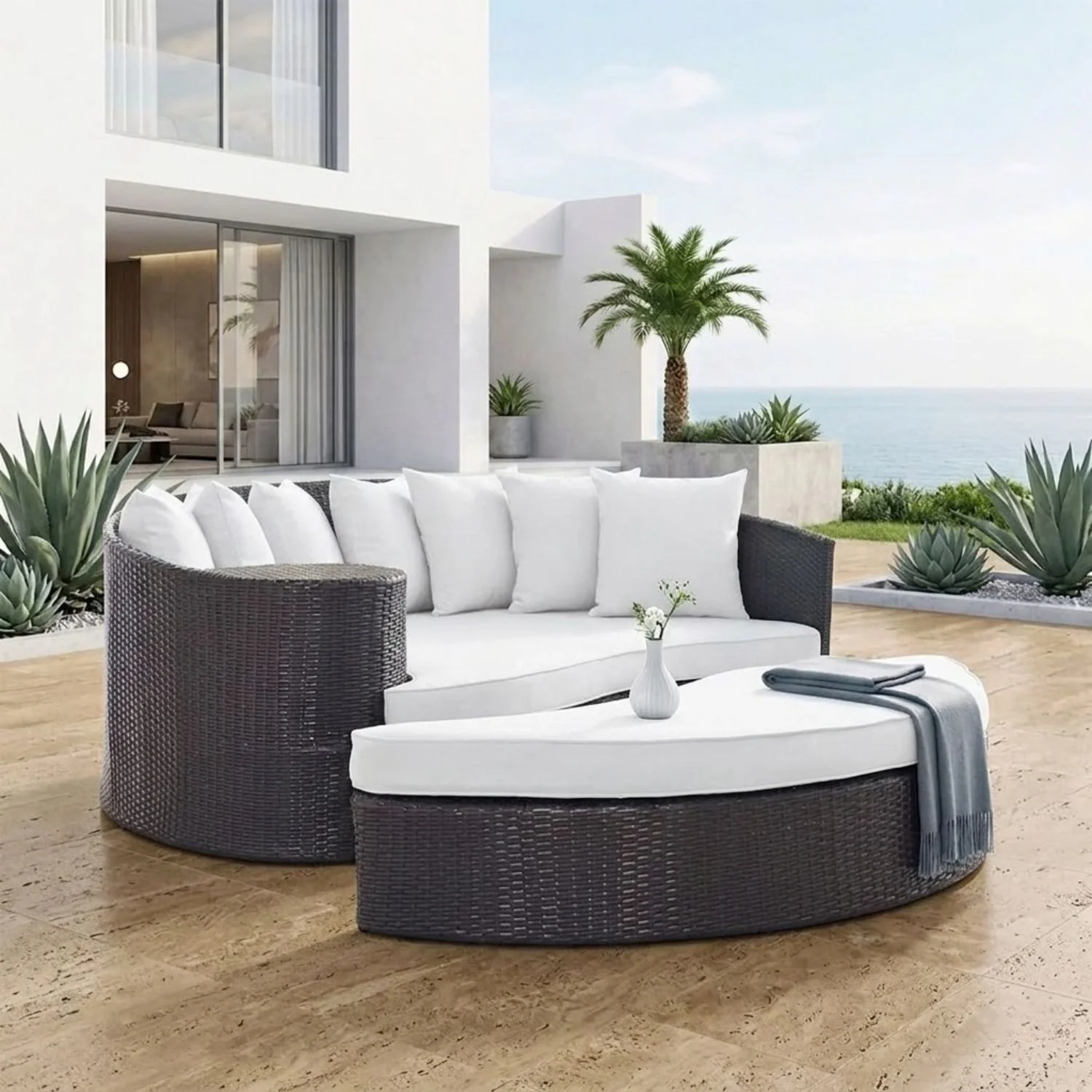Outdoor Rattan Wicker Daybed (Dark Brown & White) - Image 9