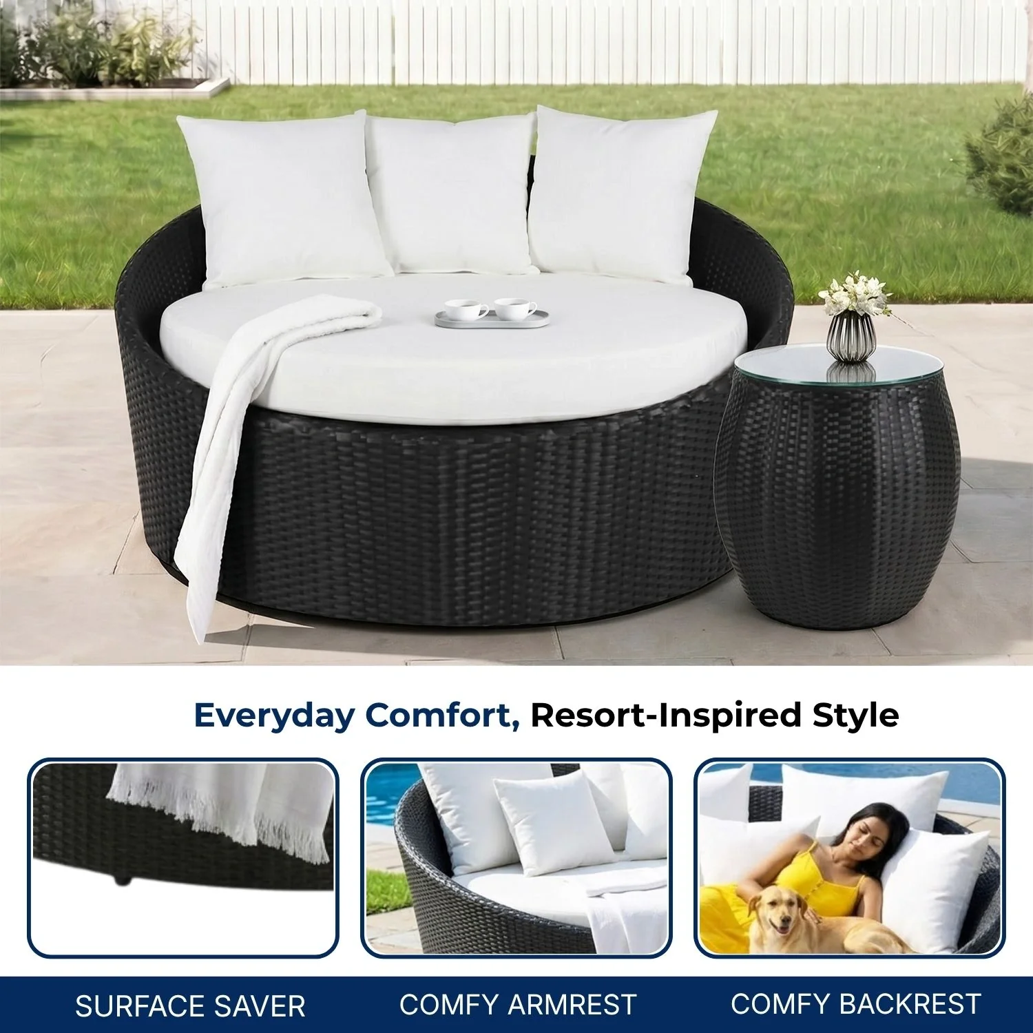 Outdoor Rattan Wicker Daybed with Glass Top Table - Image 5