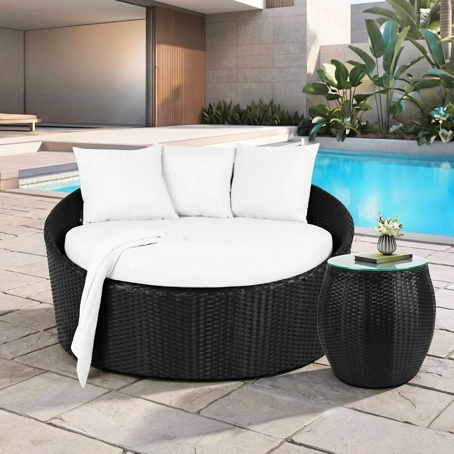 Outdoor Rattan Wicker Daybed with Glass Top Table - Image 8