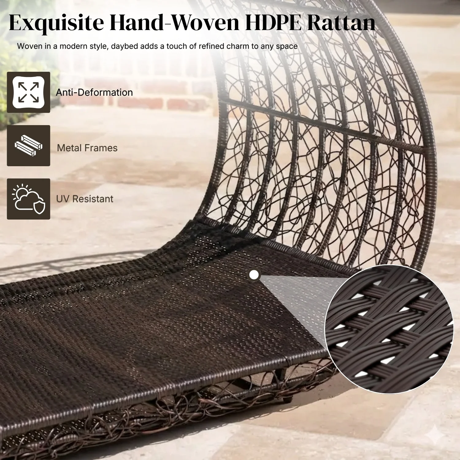 Outdoor Rattan Wicker Daybed with Oval-Shaped Canopy Frame (Dark Brown & Off-White) - Image 3