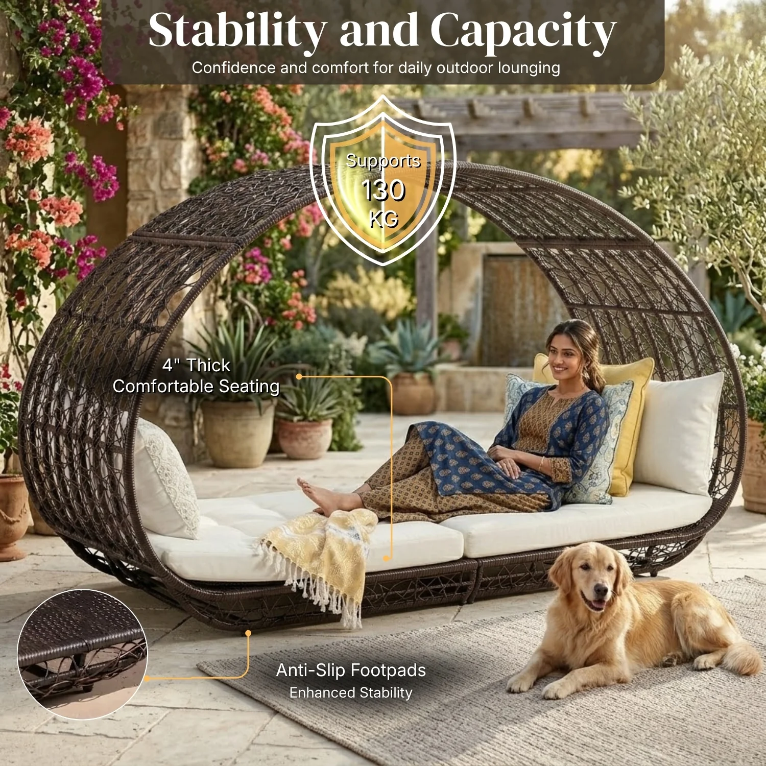 Outdoor Rattan Wicker Daybed with Oval-Shaped Canopy Frame (Dark Brown & Off-White) - Image 5