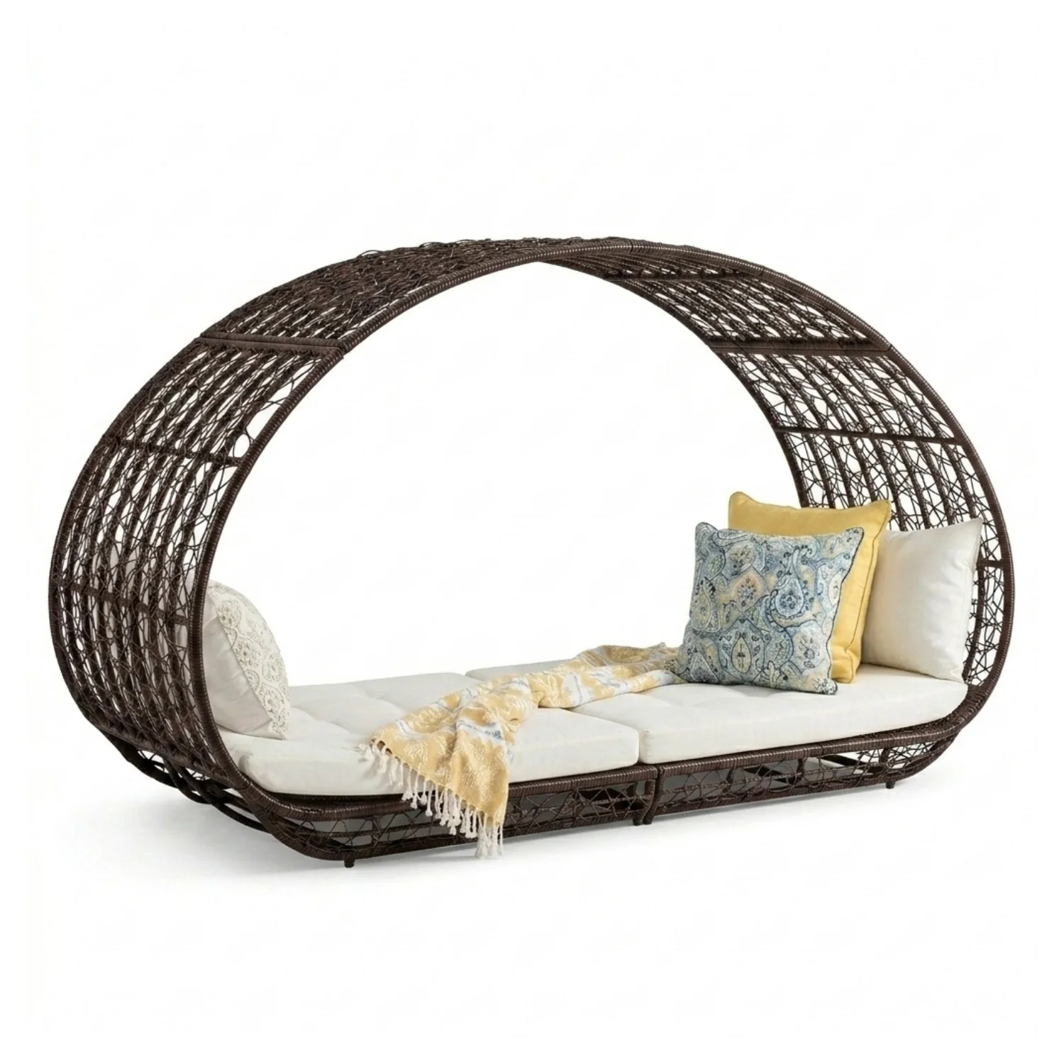 Outdoor Rattan Wicker Daybed with Oval-Shaped Canopy Frame (Dark Brown & Off-White) - Image 7
