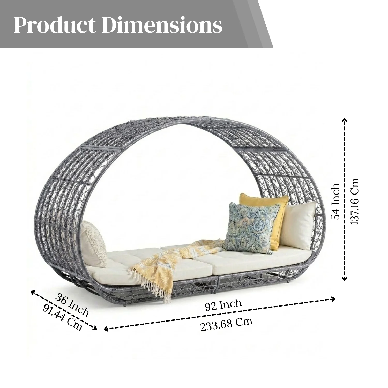Outdoor Rattan Wicker Daybed with Oval-Shaped Canopy Frame (Silver Grey & Off-White) - Image 2
