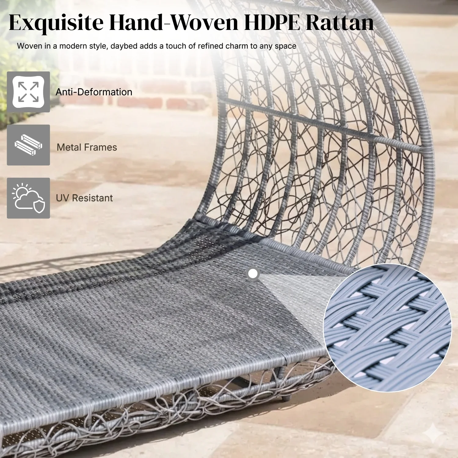 Outdoor Rattan Wicker Daybed with Oval-Shaped Canopy Frame (Silver Grey & Off-White) - Image 3