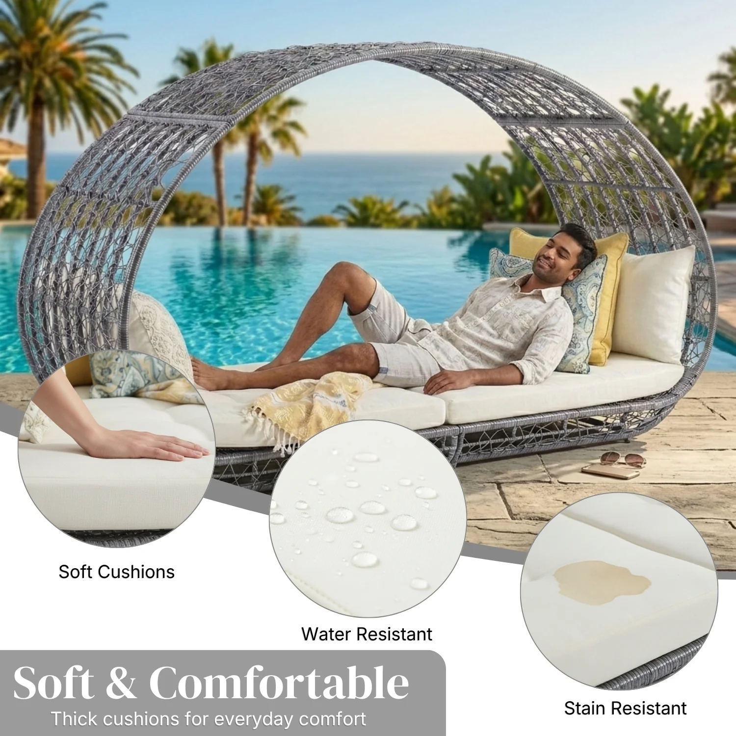 Outdoor Rattan Wicker Daybed with Oval-Shaped Canopy Frame (Silver Grey & Off-White) - Image 4
