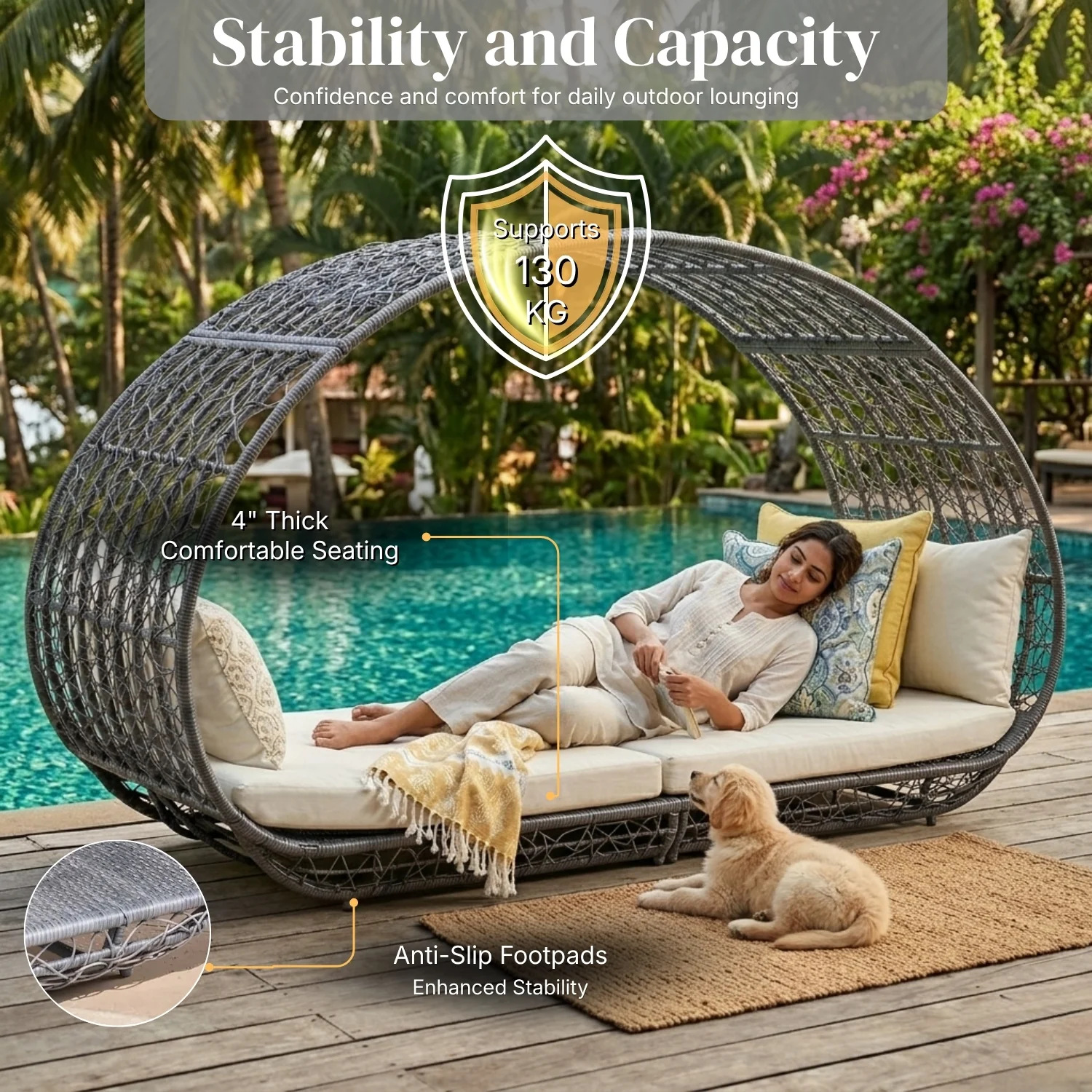 Outdoor Rattan Wicker Daybed with Oval-Shaped Canopy Frame (Silver Grey & Off-White) - Image 5