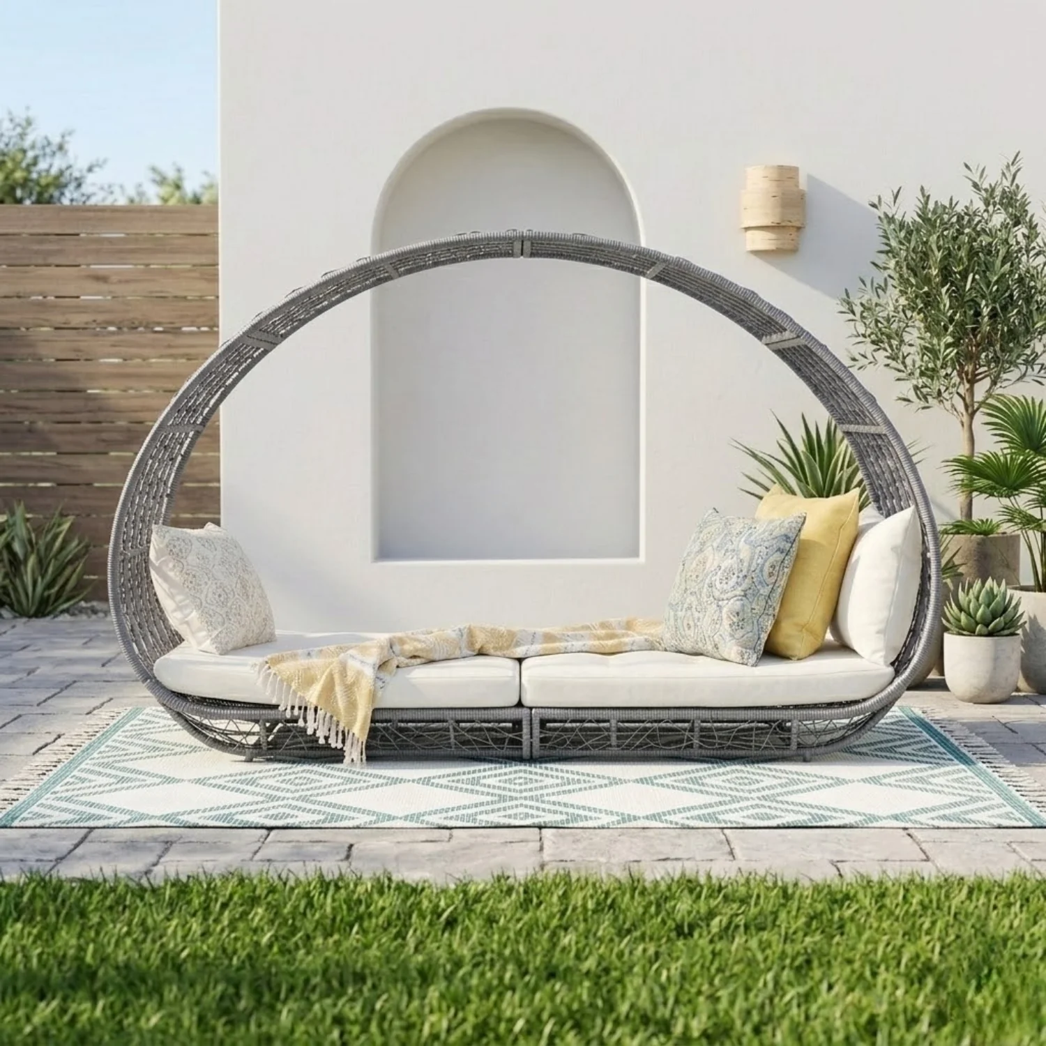 Outdoor Rattan Wicker Daybed with Oval-Shaped Canopy Frame (Silver Grey & Off-White) - Image 6
