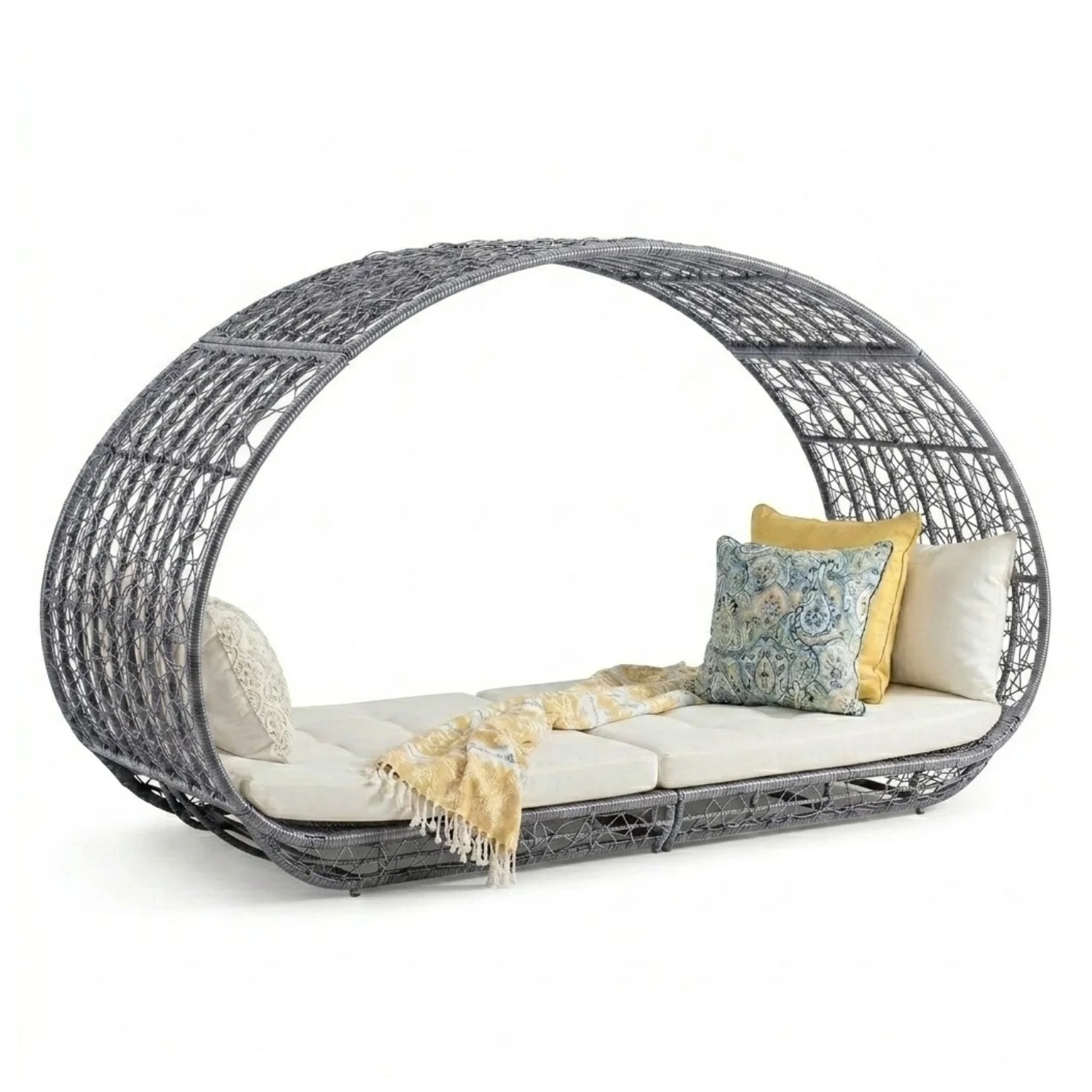 Outdoor Rattan Wicker Daybed with Oval-Shaped Canopy Frame (Silver Grey & Off-White) - Image 7