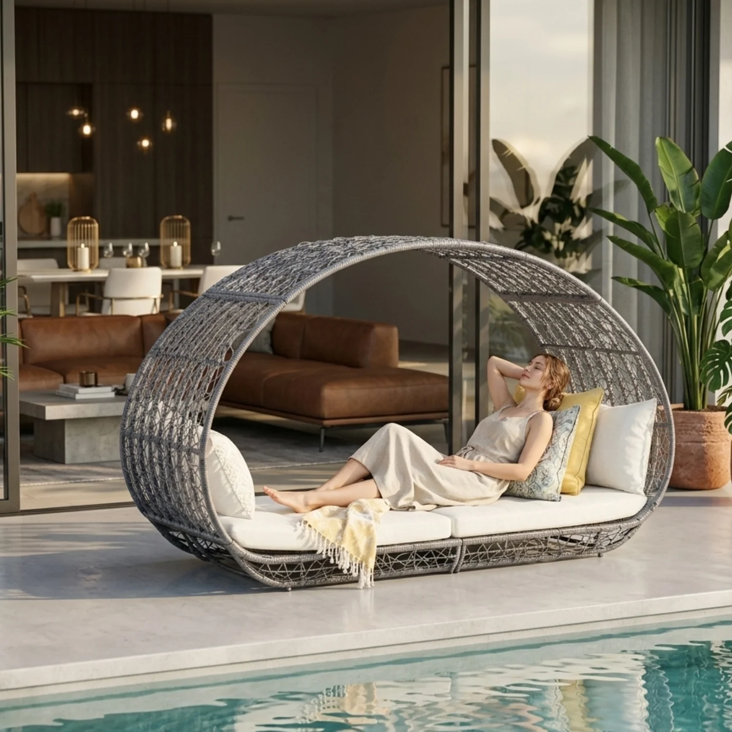Outdoor Rattan Wicker Daybed with Oval-Shaped Canopy Frame (Silver Grey & Off-White) - Image 8