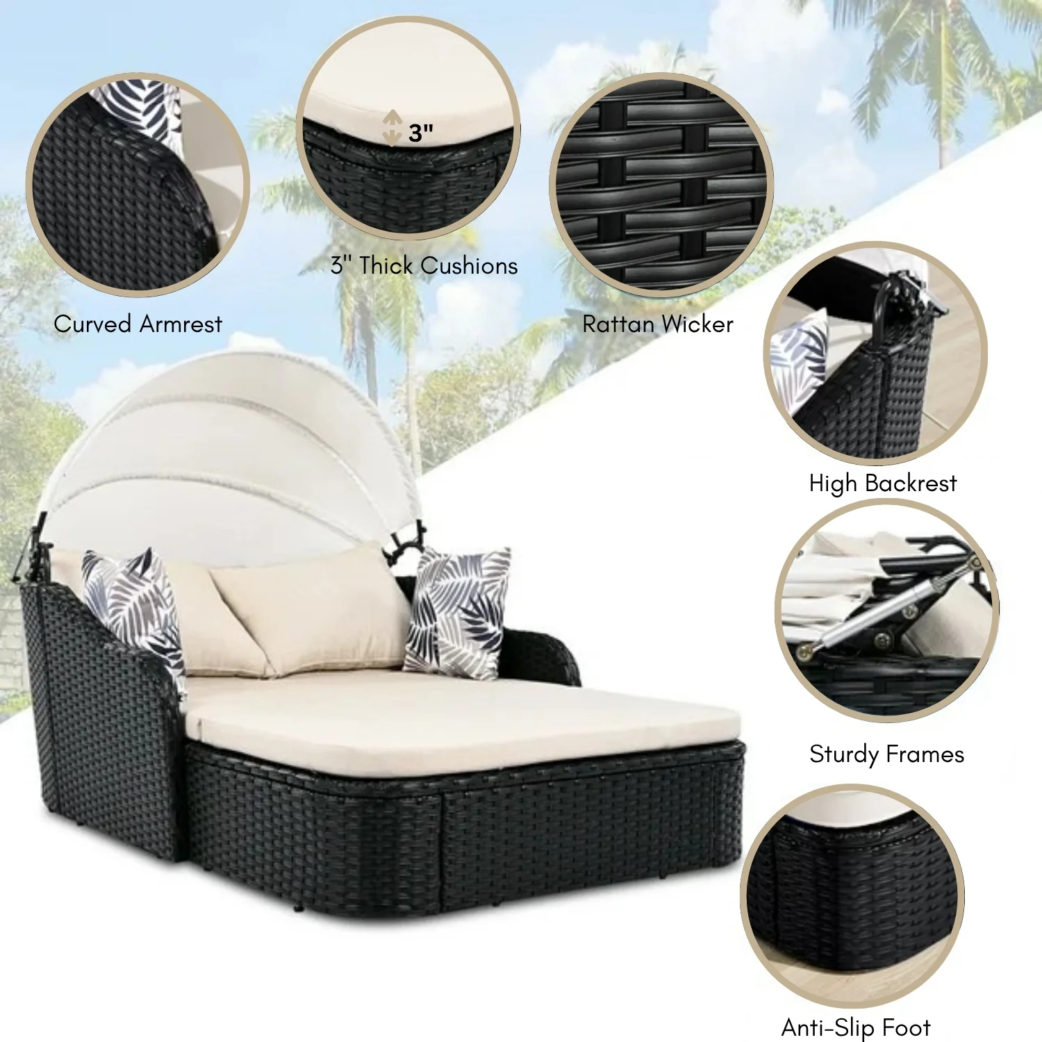 Outdoor Rattan Wicker Double Seater Canopy Daybed - Image 4
