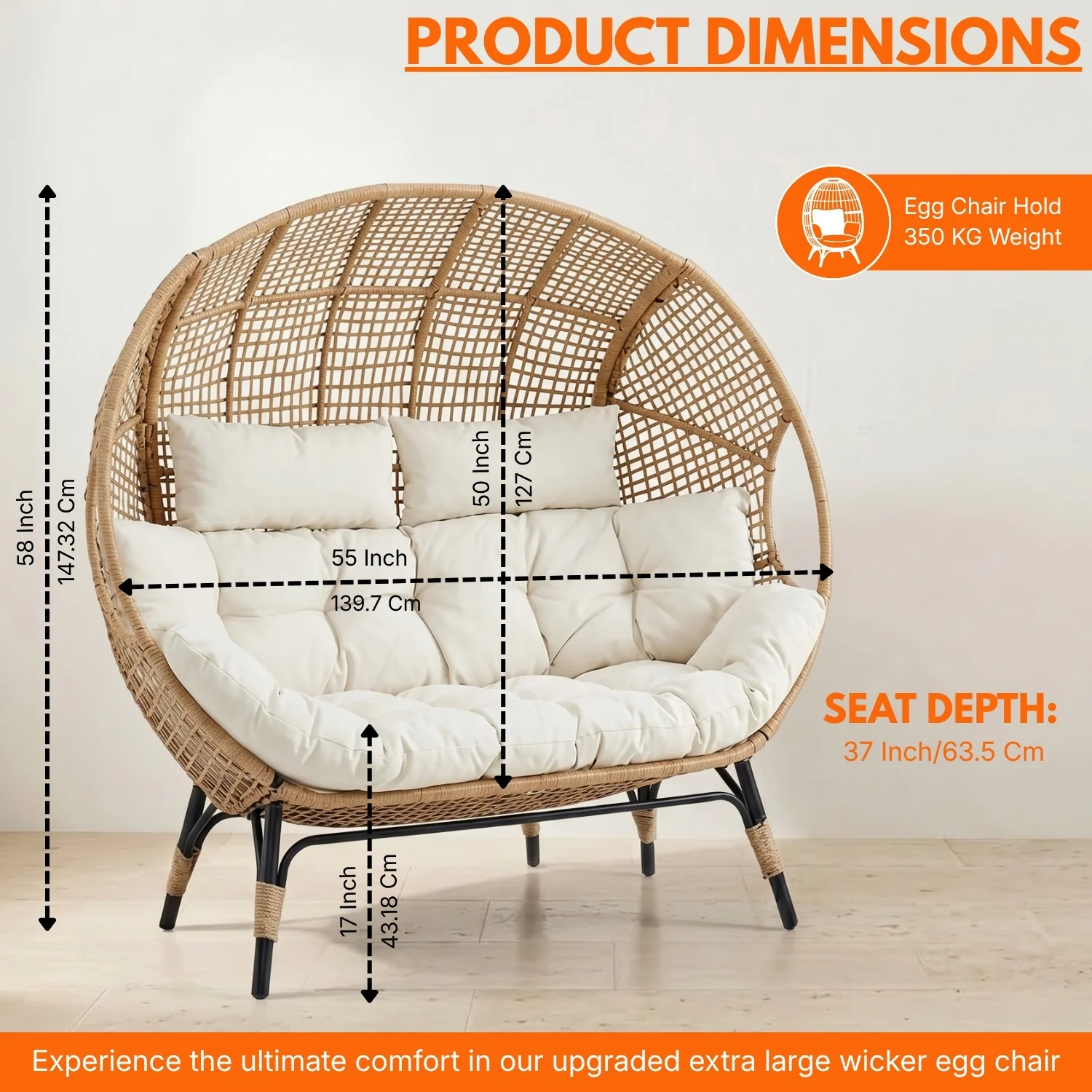 Outdoor Rattan Wicker Double Seater Egg Chair (Beige & Cream) - Image 2