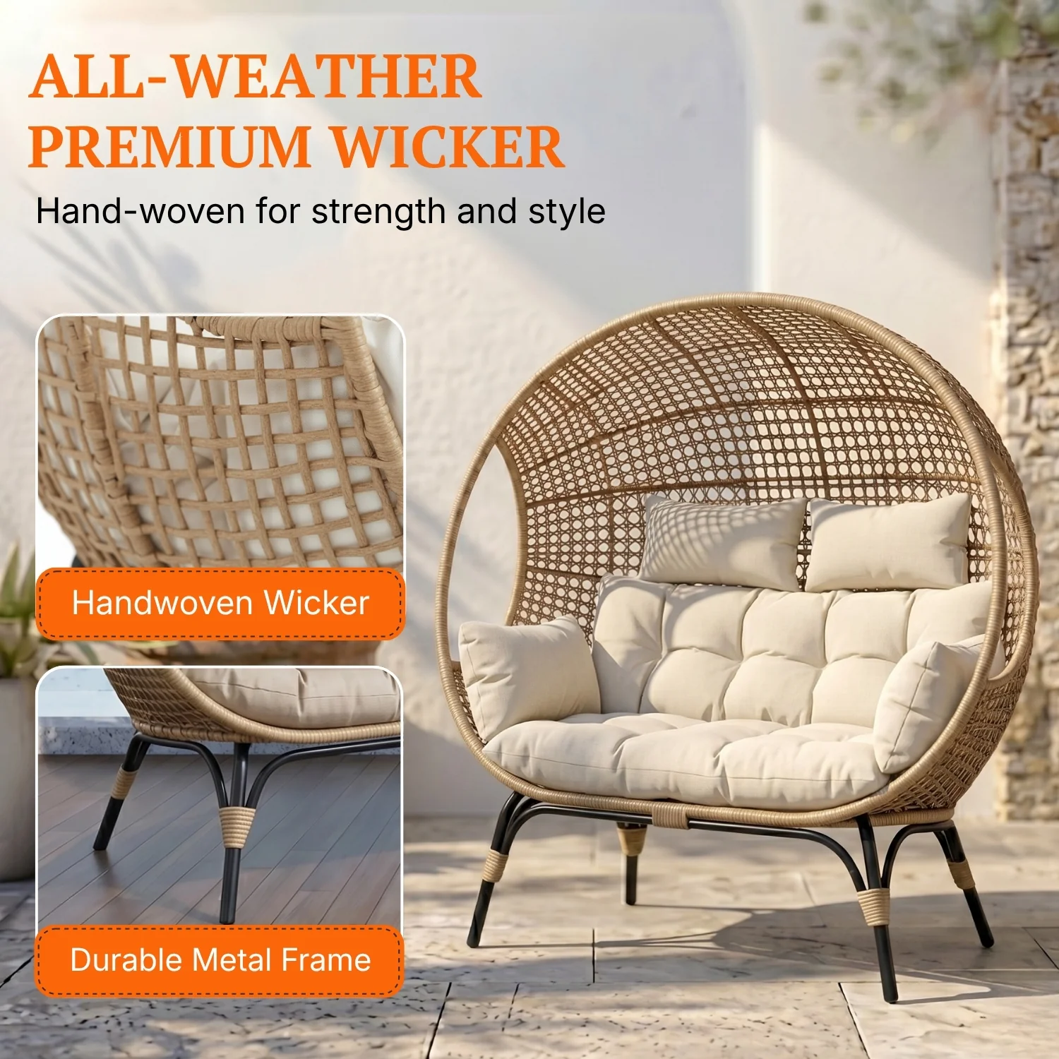 Outdoor Rattan Wicker Double Seater Egg Chair (Beige & Cream) - Image 3
