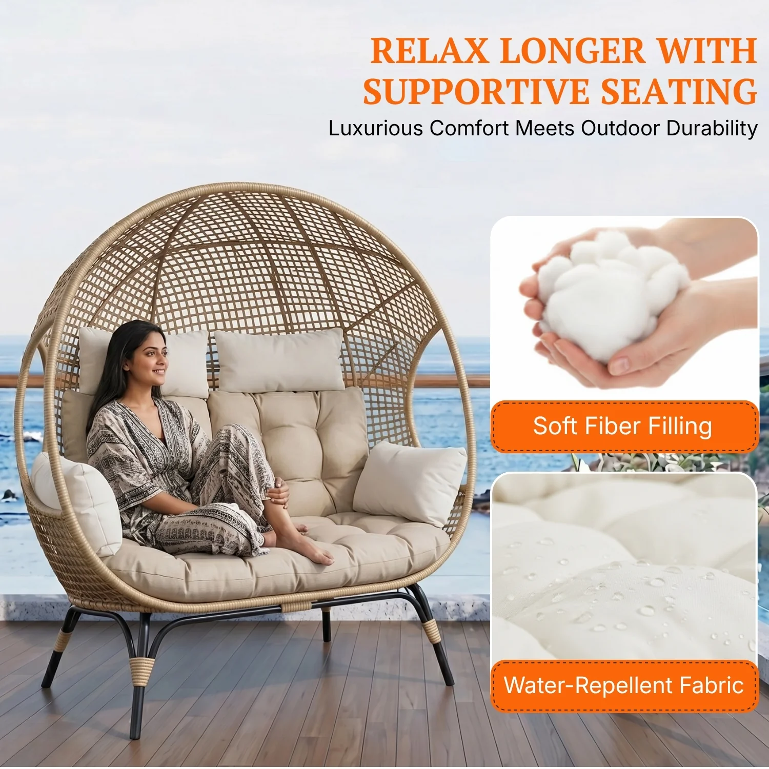 Outdoor Rattan Wicker Double Seater Egg Chair (Beige & Cream) - Image 4