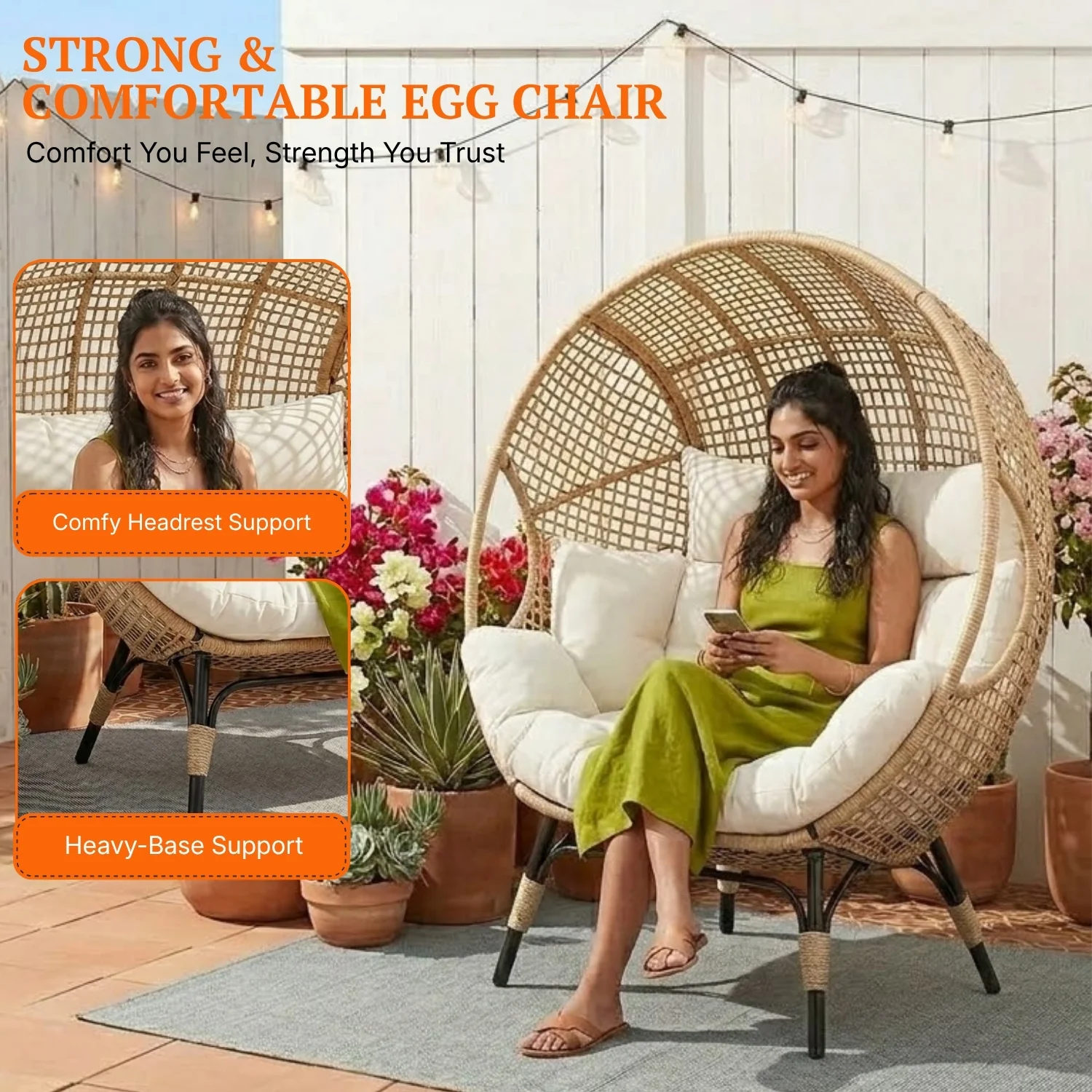 Outdoor Rattan Wicker Double Seater Egg Chair (Beige & Cream) - Image 5