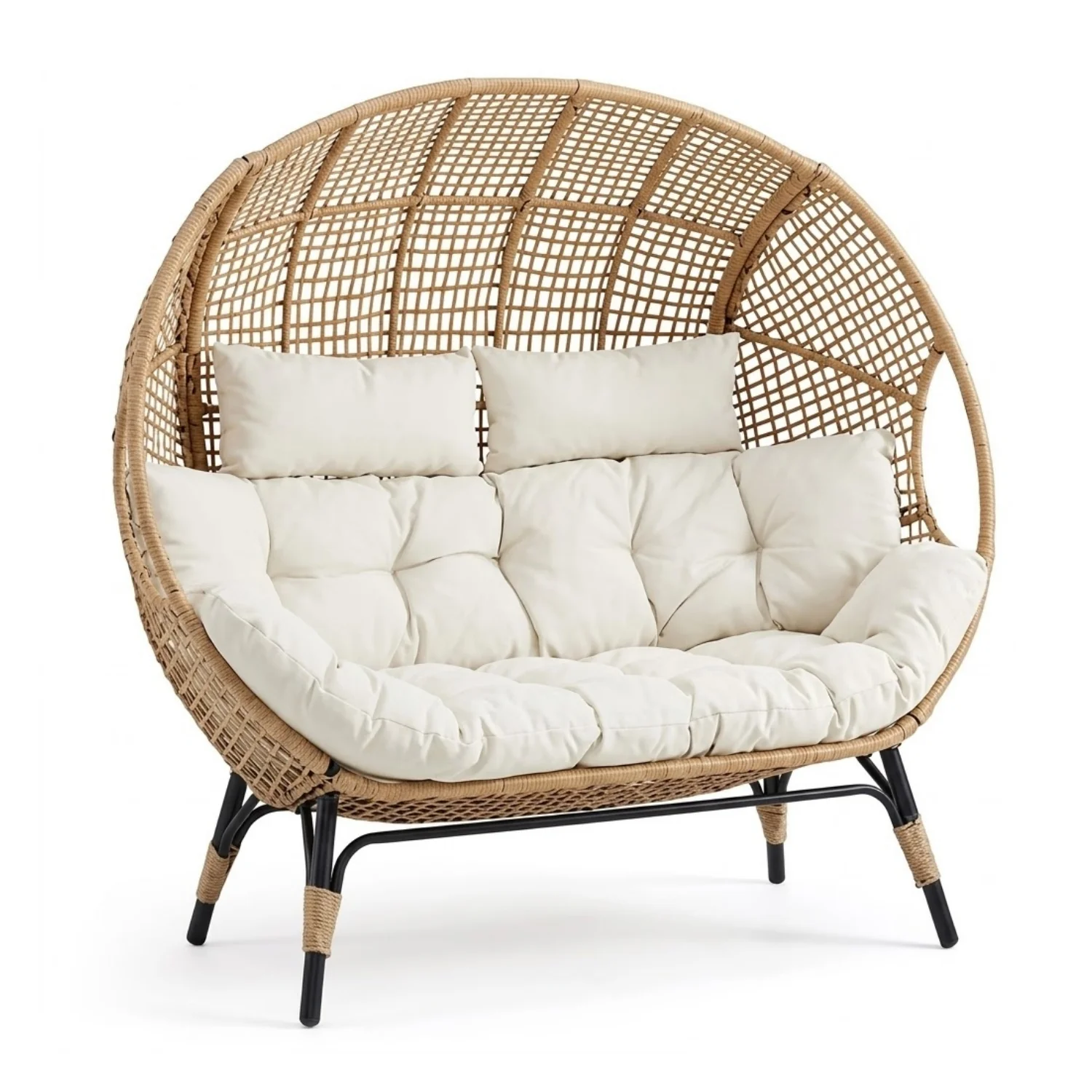 Outdoor Rattan Wicker Double Seater Egg Chair (Beige & Cream) - Image 6