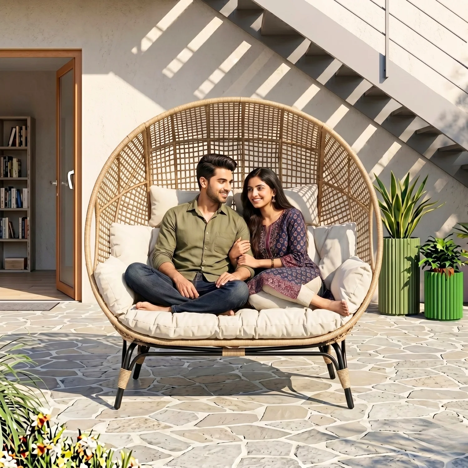 Outdoor Rattan Wicker Double Seater Egg Chair (Beige & Cream) - Image 7