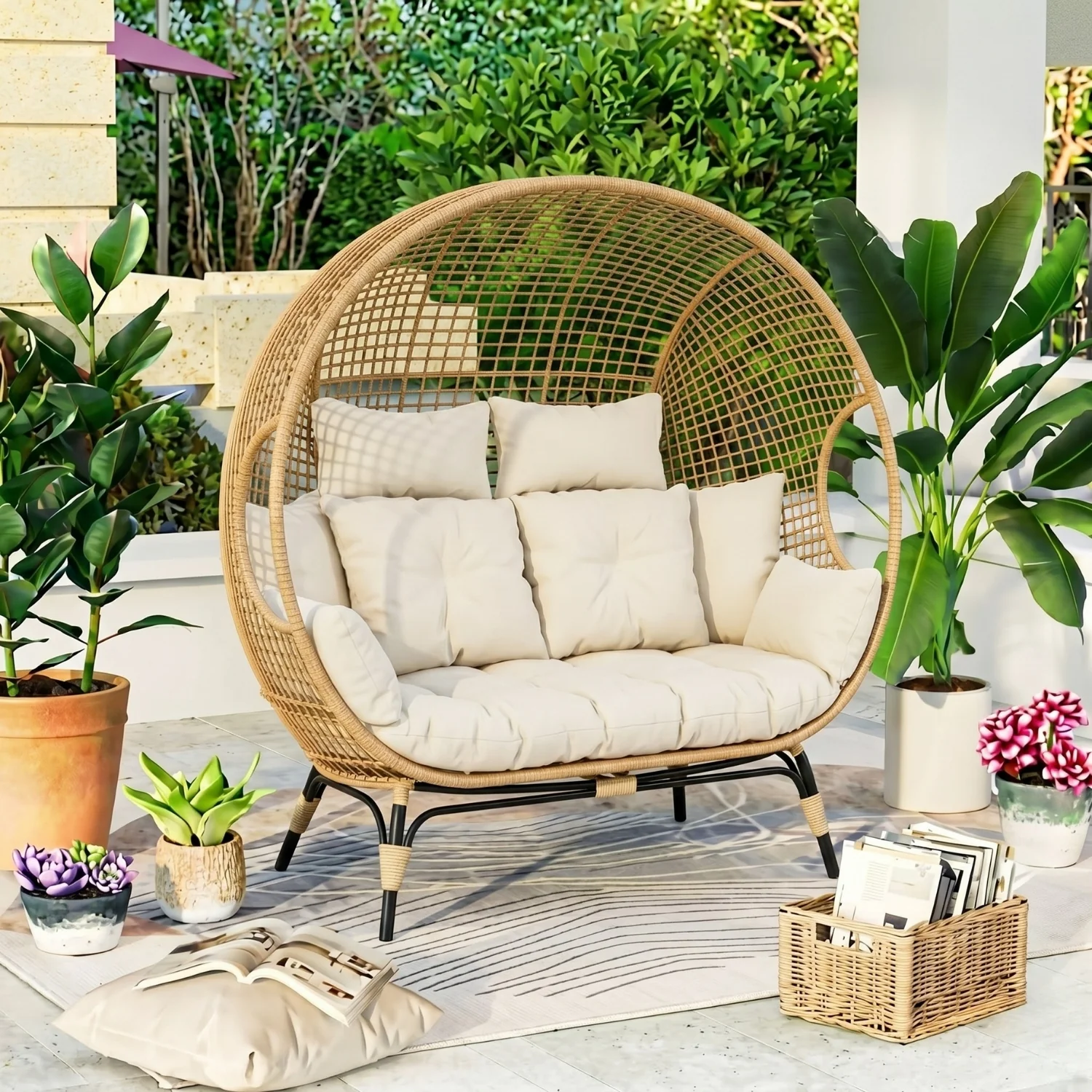 Outdoor Rattan Wicker Double Seater Egg Chair (Beige & Cream) - Image 8