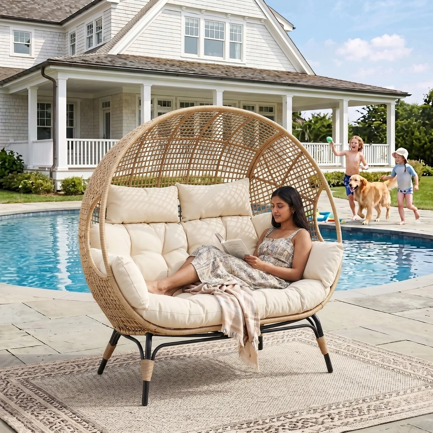 Outdoor Rattan Wicker Double Seater Egg Chair (Beige & Cream) - Image 9