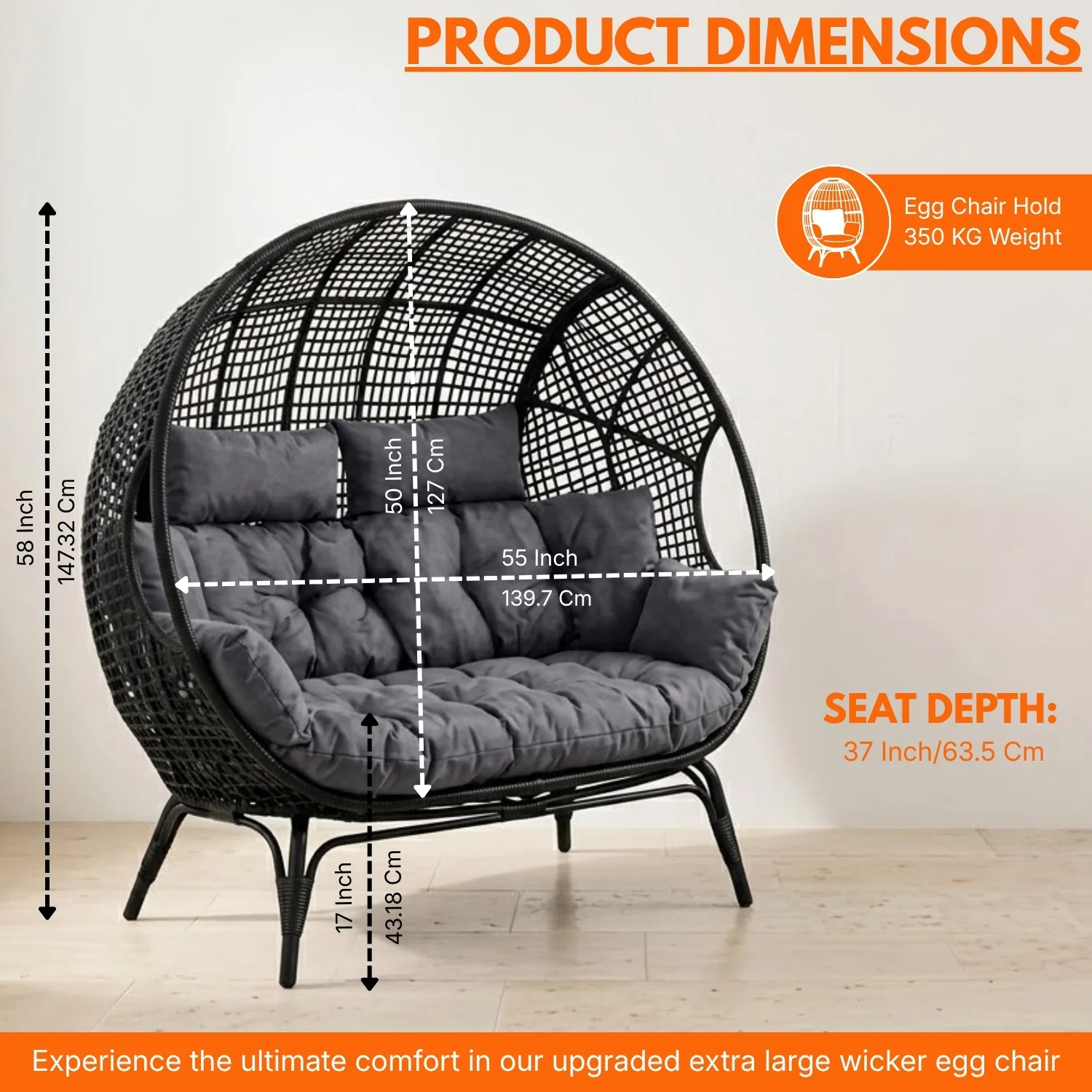 Outdoor Rattan Wicker Double Seater Egg Chair (Black & Dark Grey) - Image 2