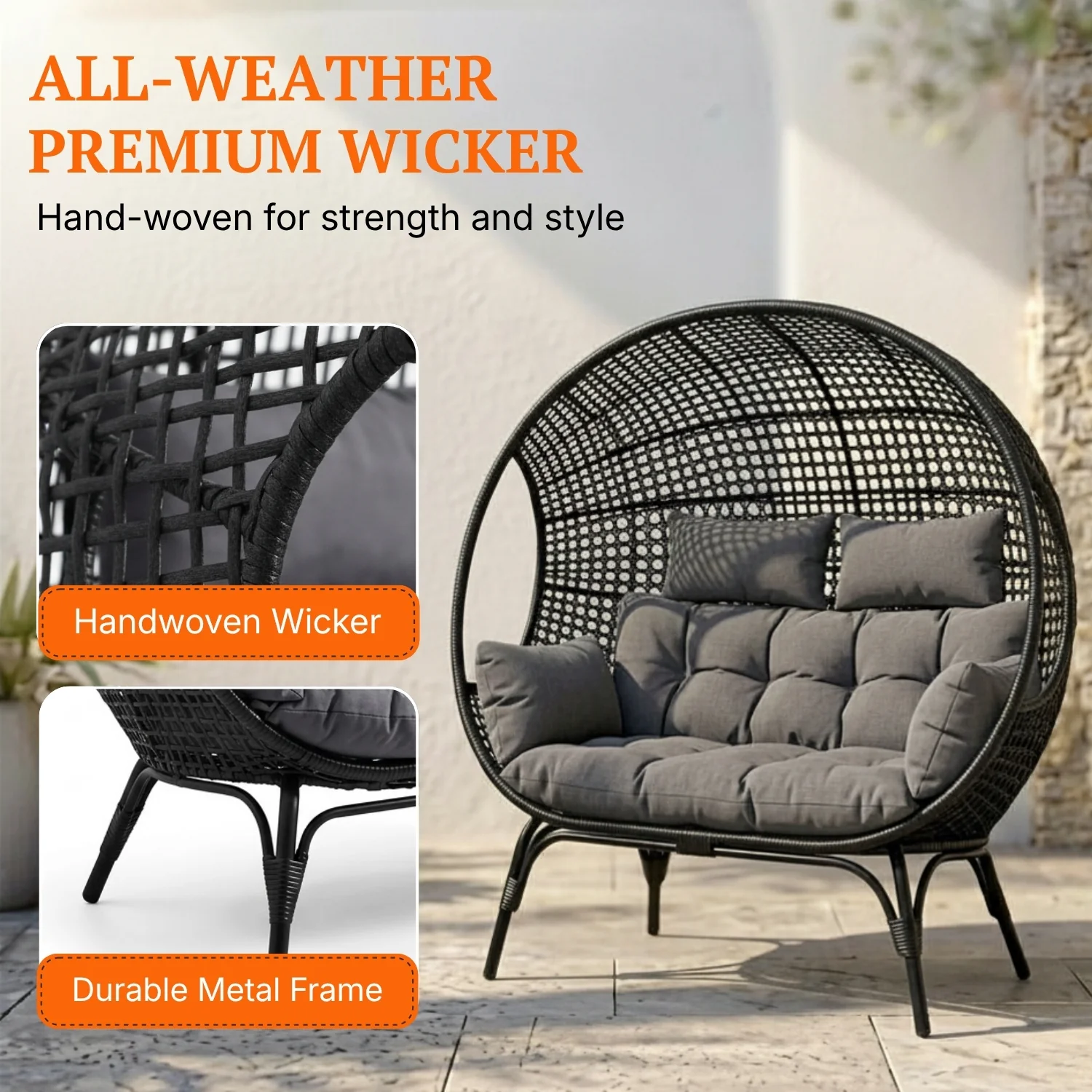 Outdoor Rattan Wicker Double Seater Egg Chair (Black & Dark Grey) - Image 3