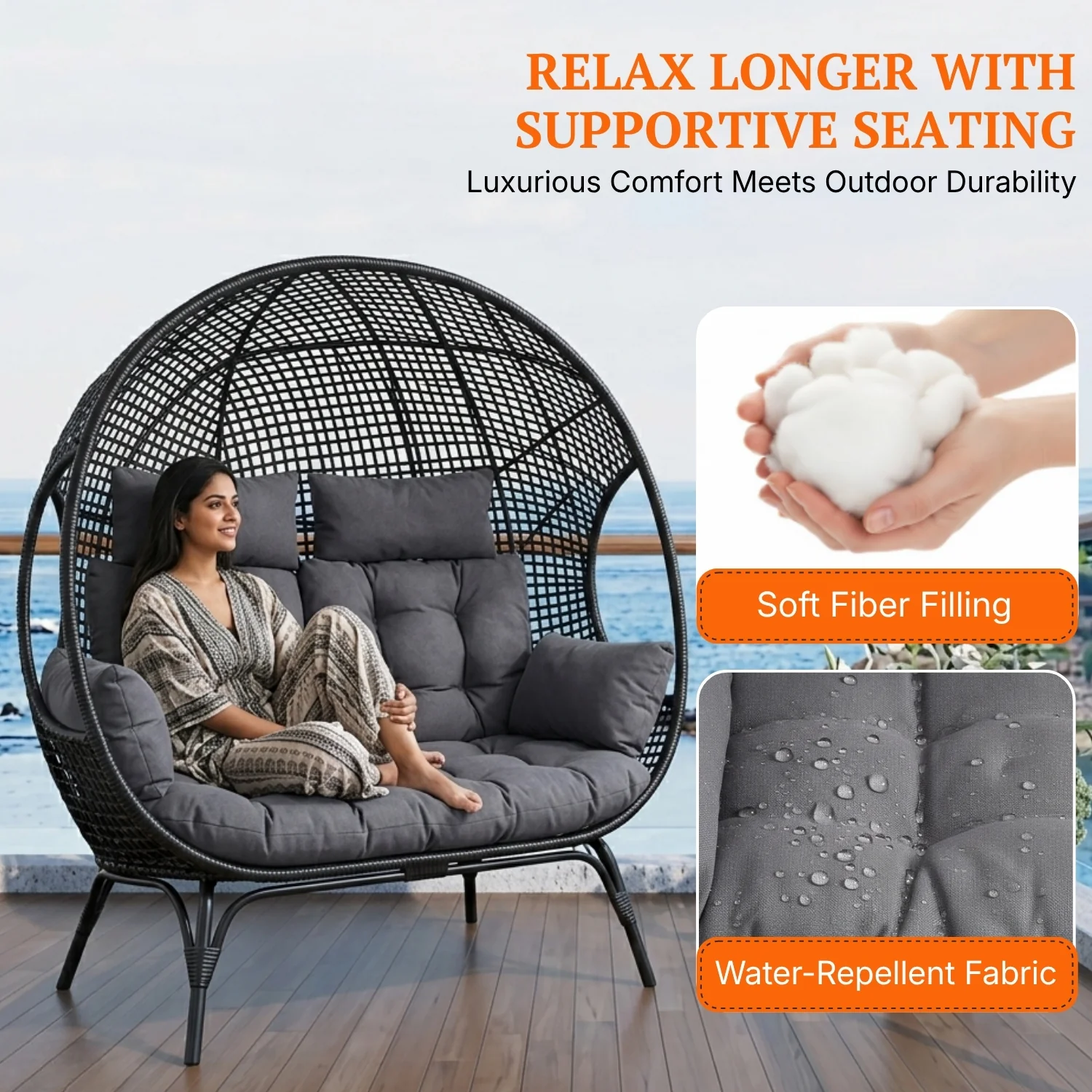 Outdoor Rattan Wicker Double Seater Egg Chair (Black & Dark Grey) - Image 4