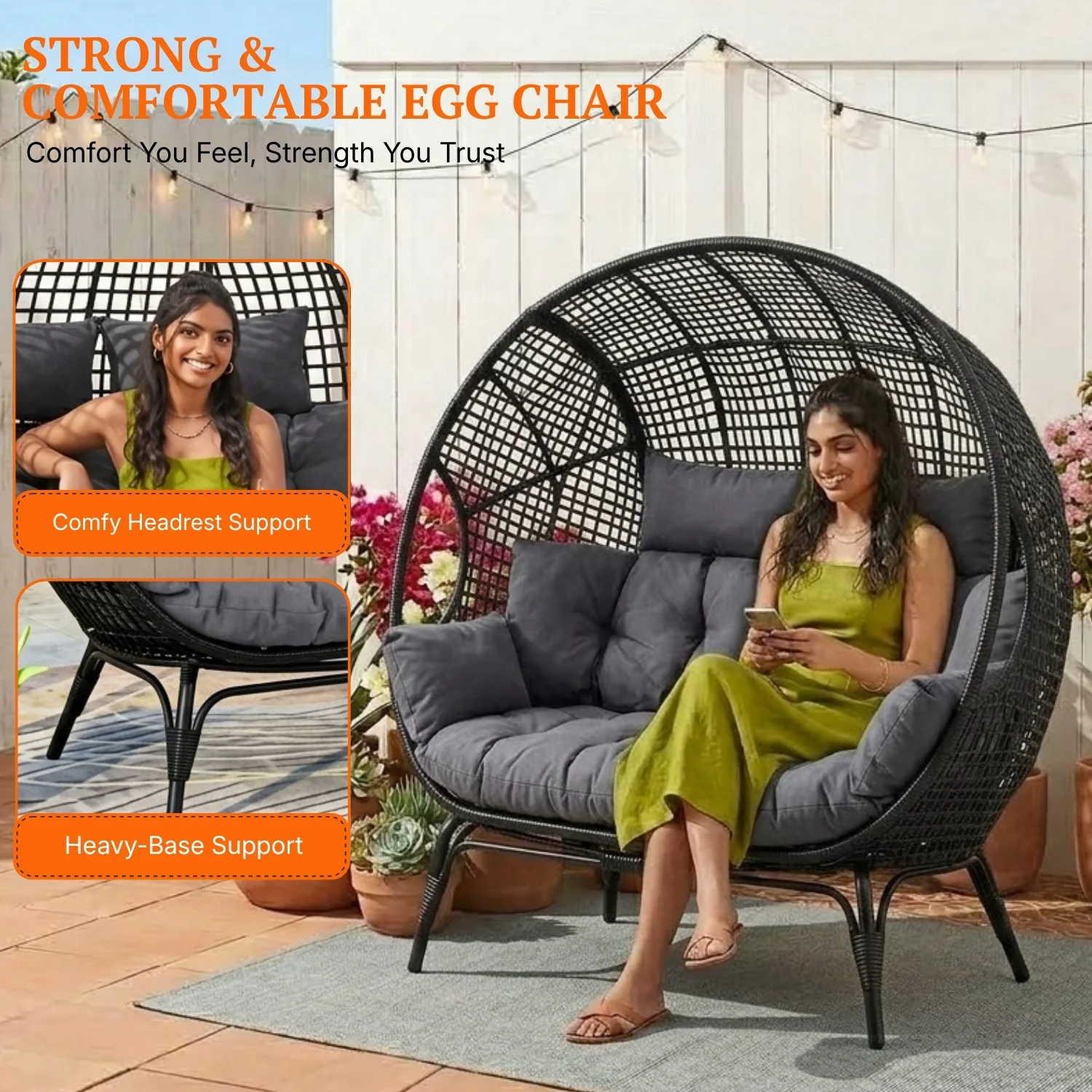 Outdoor Rattan Wicker Double Seater Egg Chair (Black & Dark Grey) - Image 5
