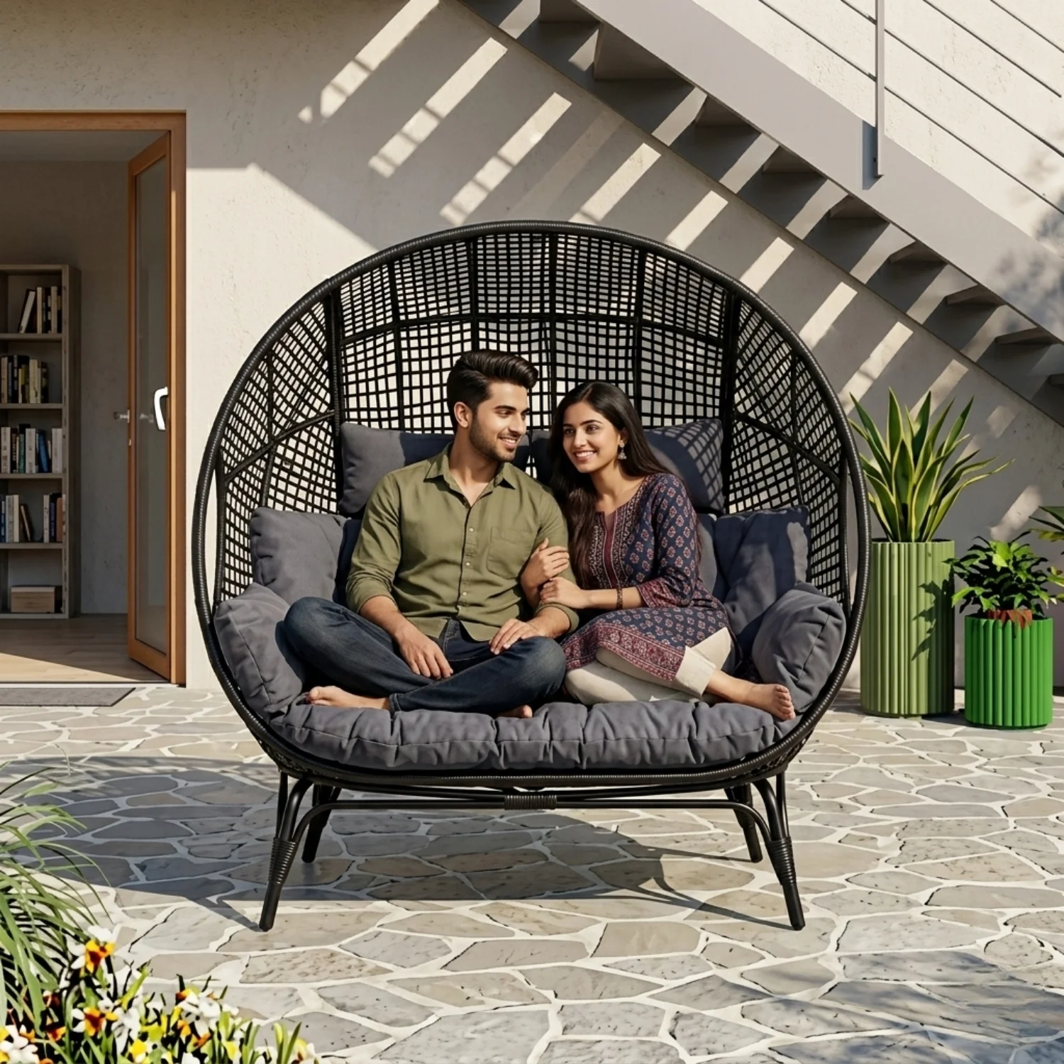 Outdoor Rattan Wicker Double Seater Egg Chair (Black & Dark Grey) - Image 7