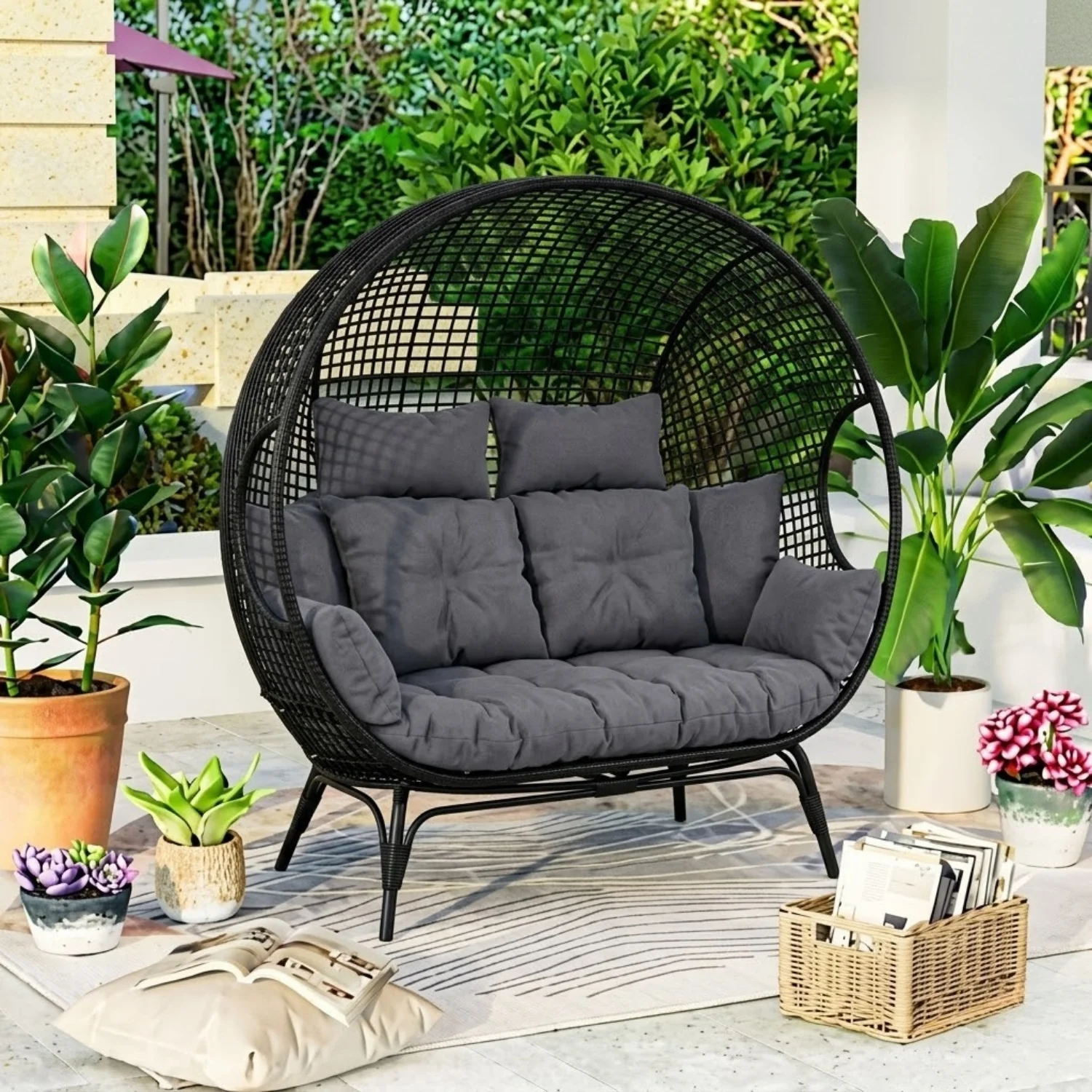 Outdoor Rattan Wicker Double Seater Egg Chair (Black & Dark Grey) - Image 8