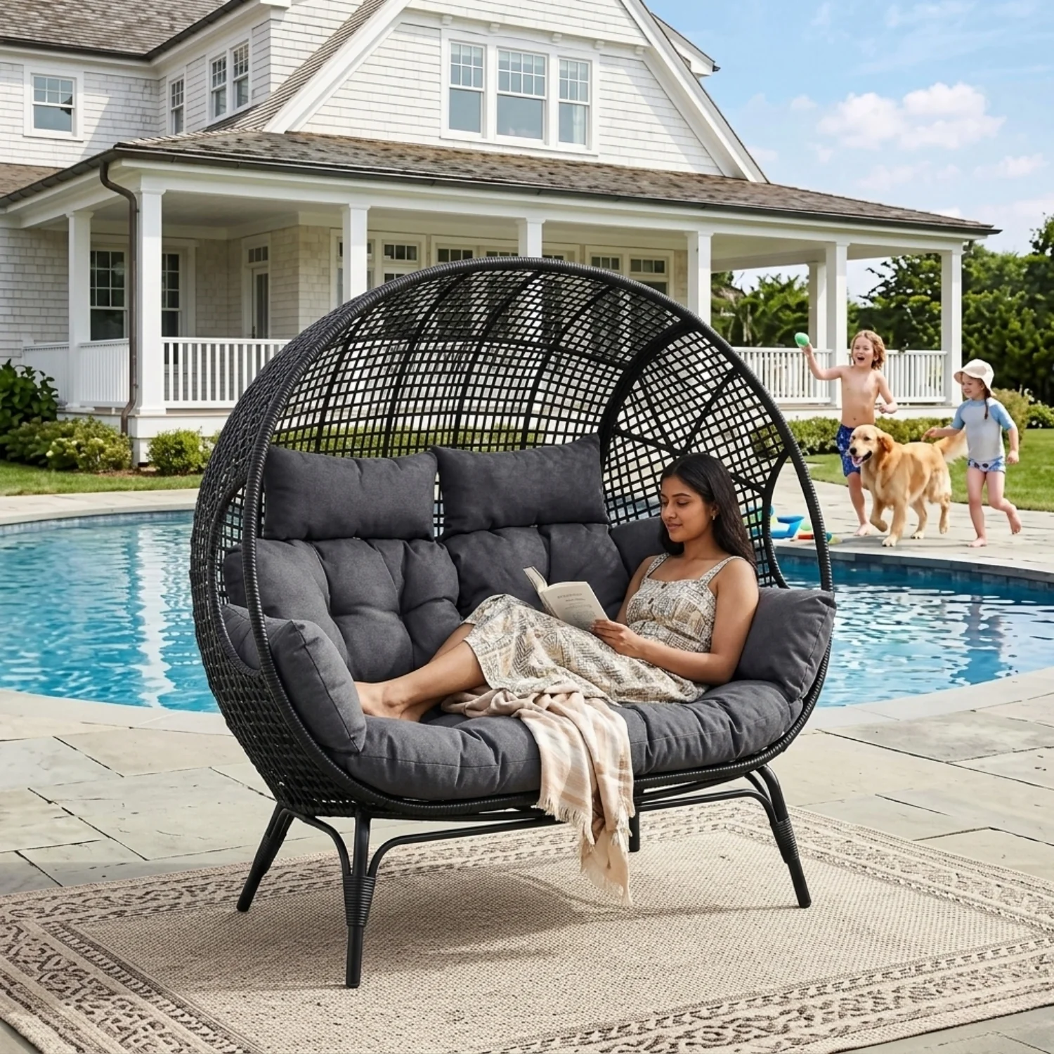 Outdoor Rattan Wicker Double Seater Egg Chair (Black & Dark Grey) - Image 9
