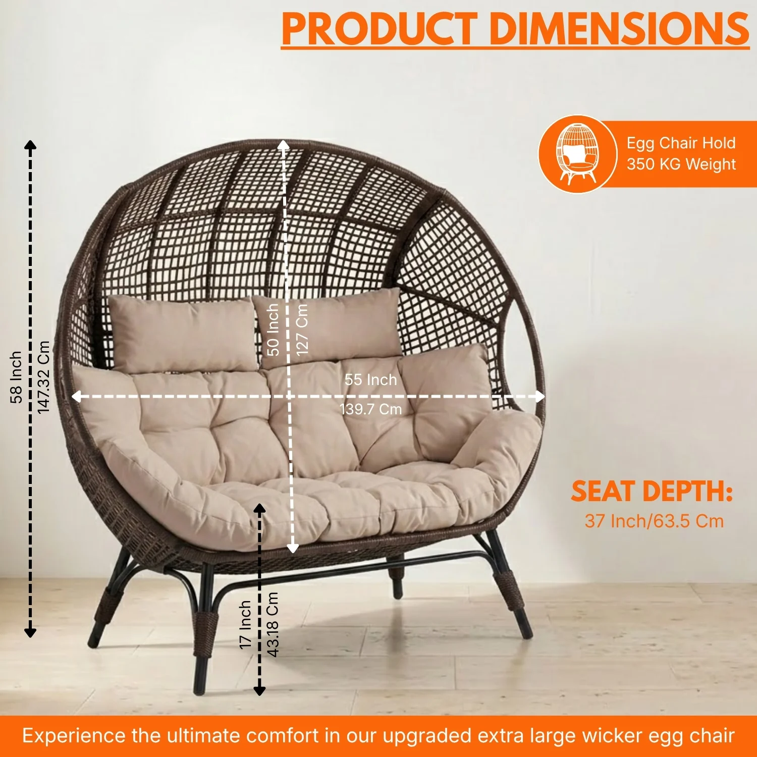 Outdoor Rattan Wicker Double Seater Egg Chair (Dark Brown & Cream) - Image 2