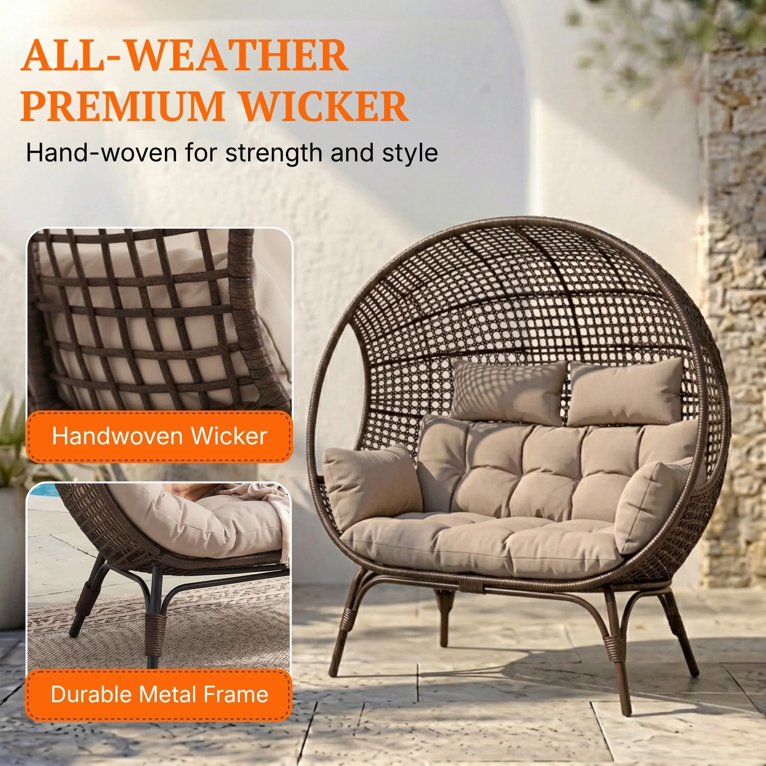 Outdoor Rattan Wicker Double Seater Egg Chair (Dark Brown & Cream) - Image 3